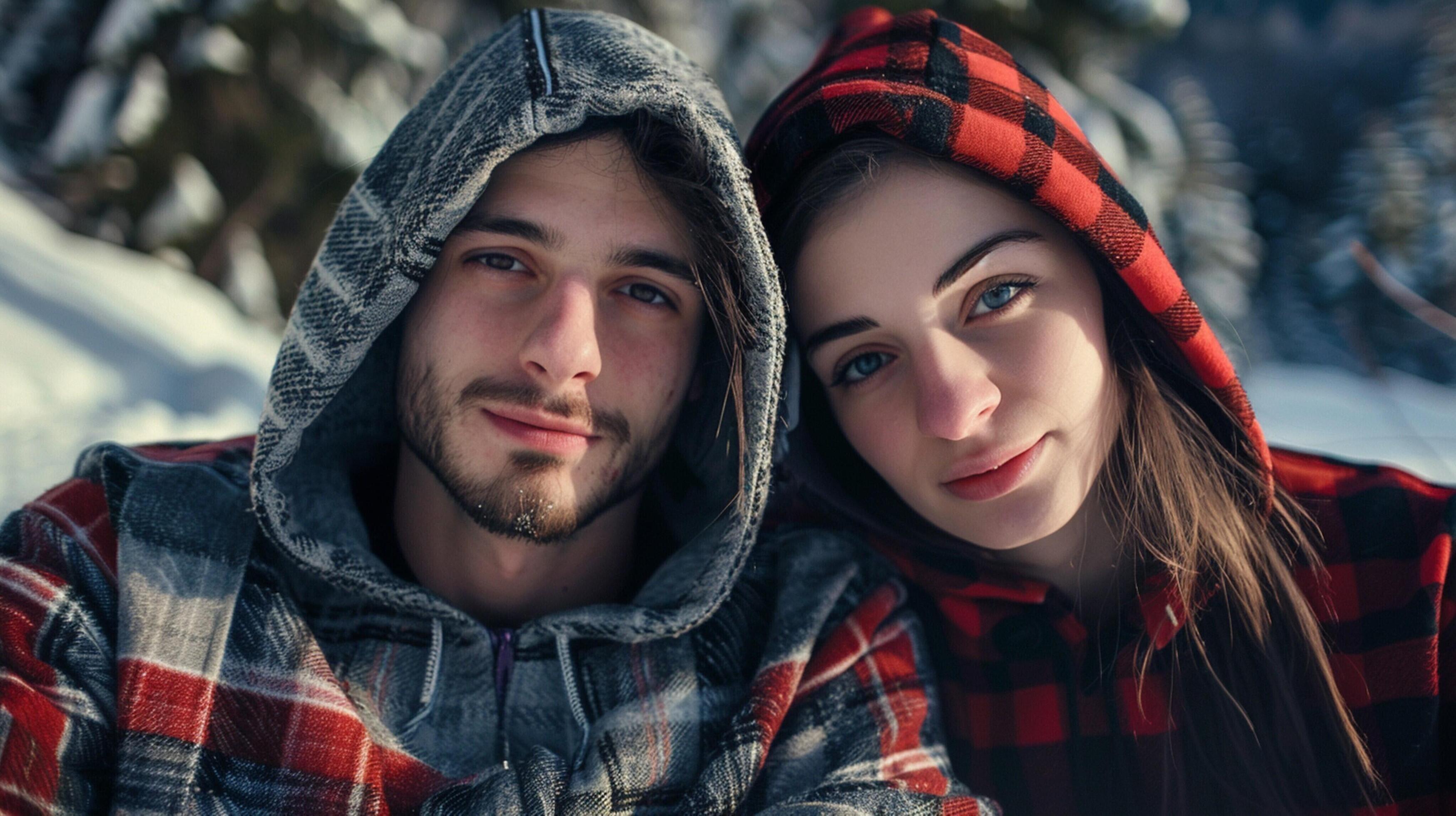 young couple in hooded shirts looking at camera Stock Free