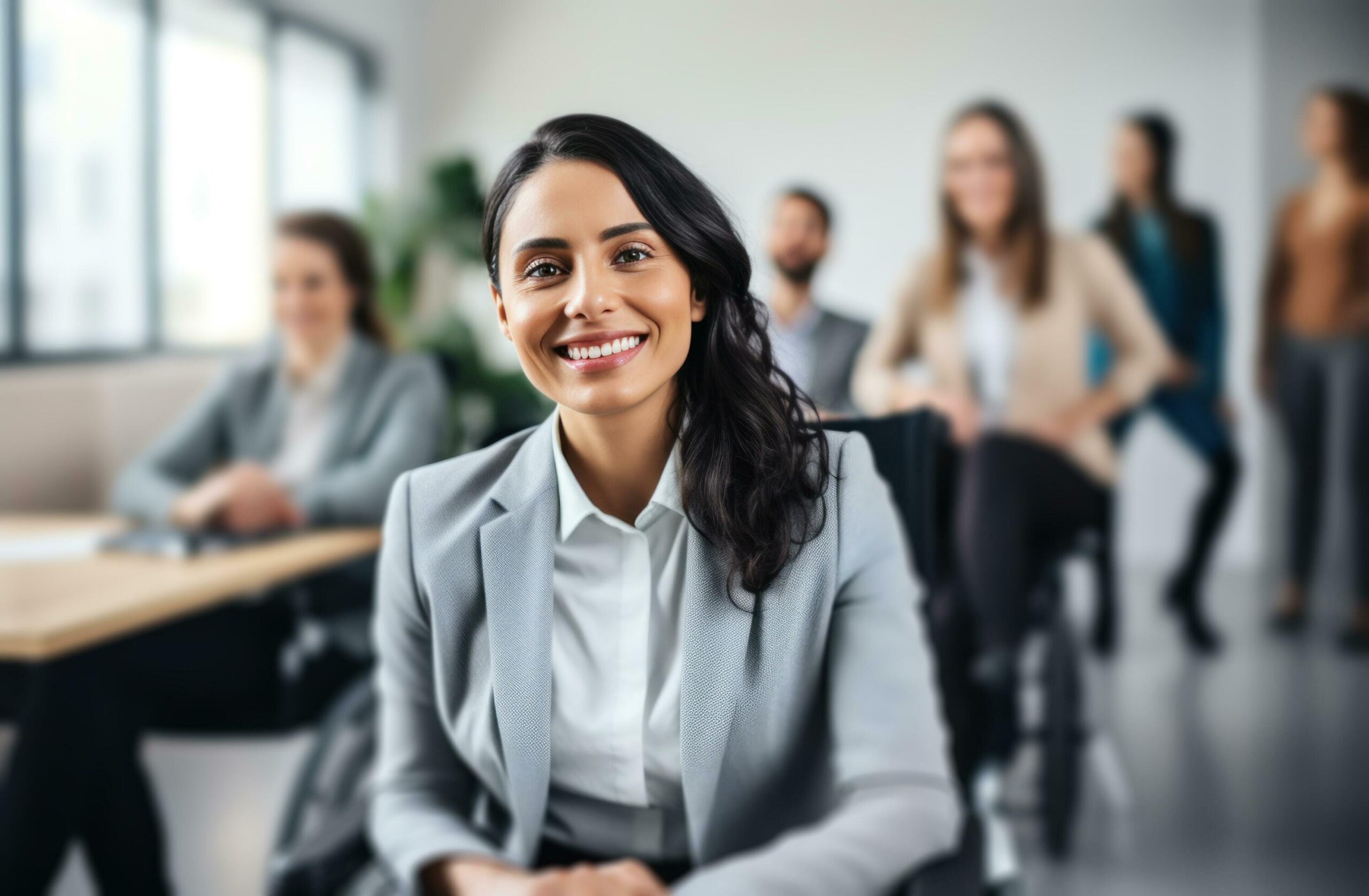 an employee sitting in a wheel chair while others are in an office Free Photo