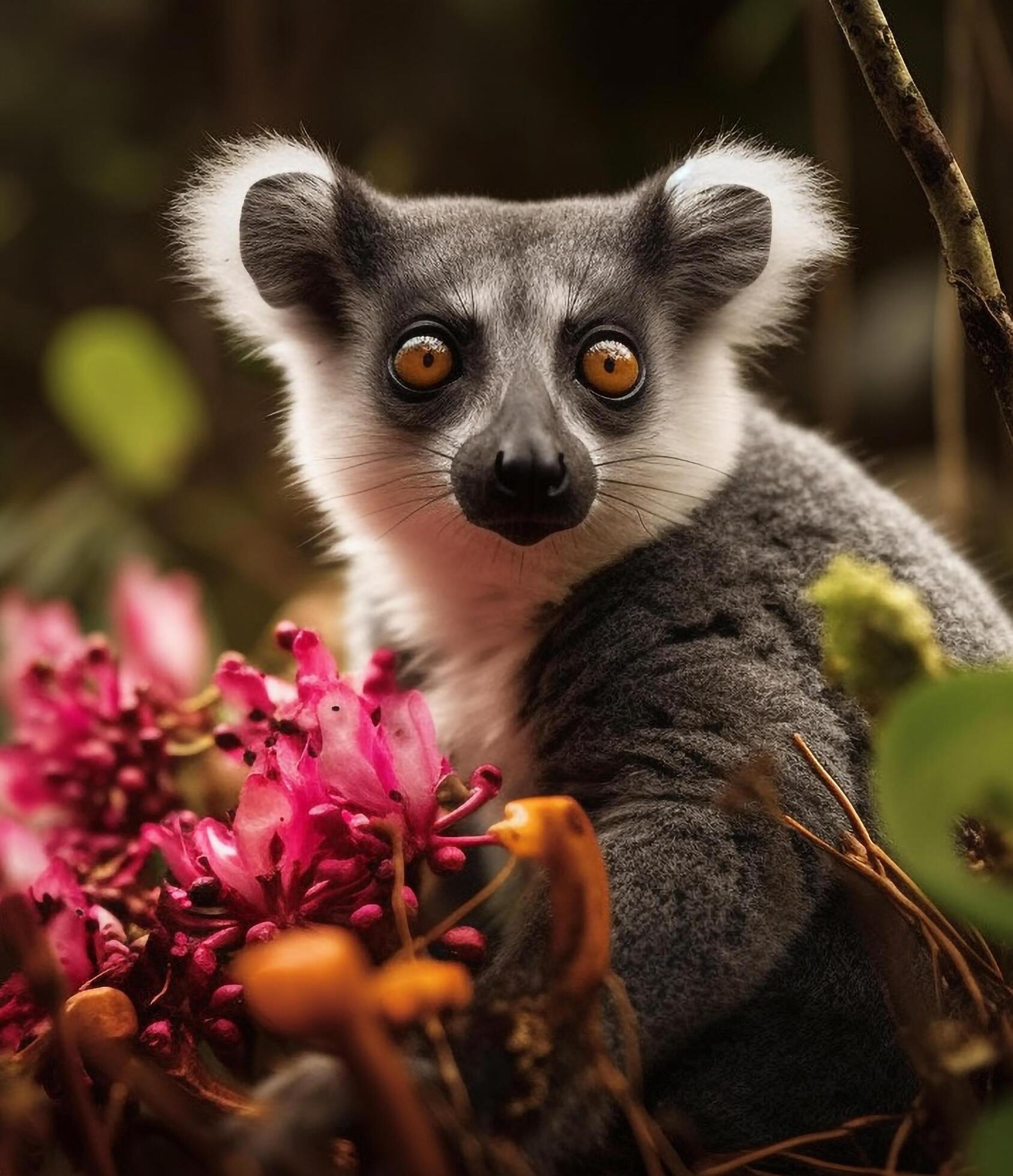 Cute lemur sitting on branch, staring, fluffy fur, green nature generated by AI Free Photo