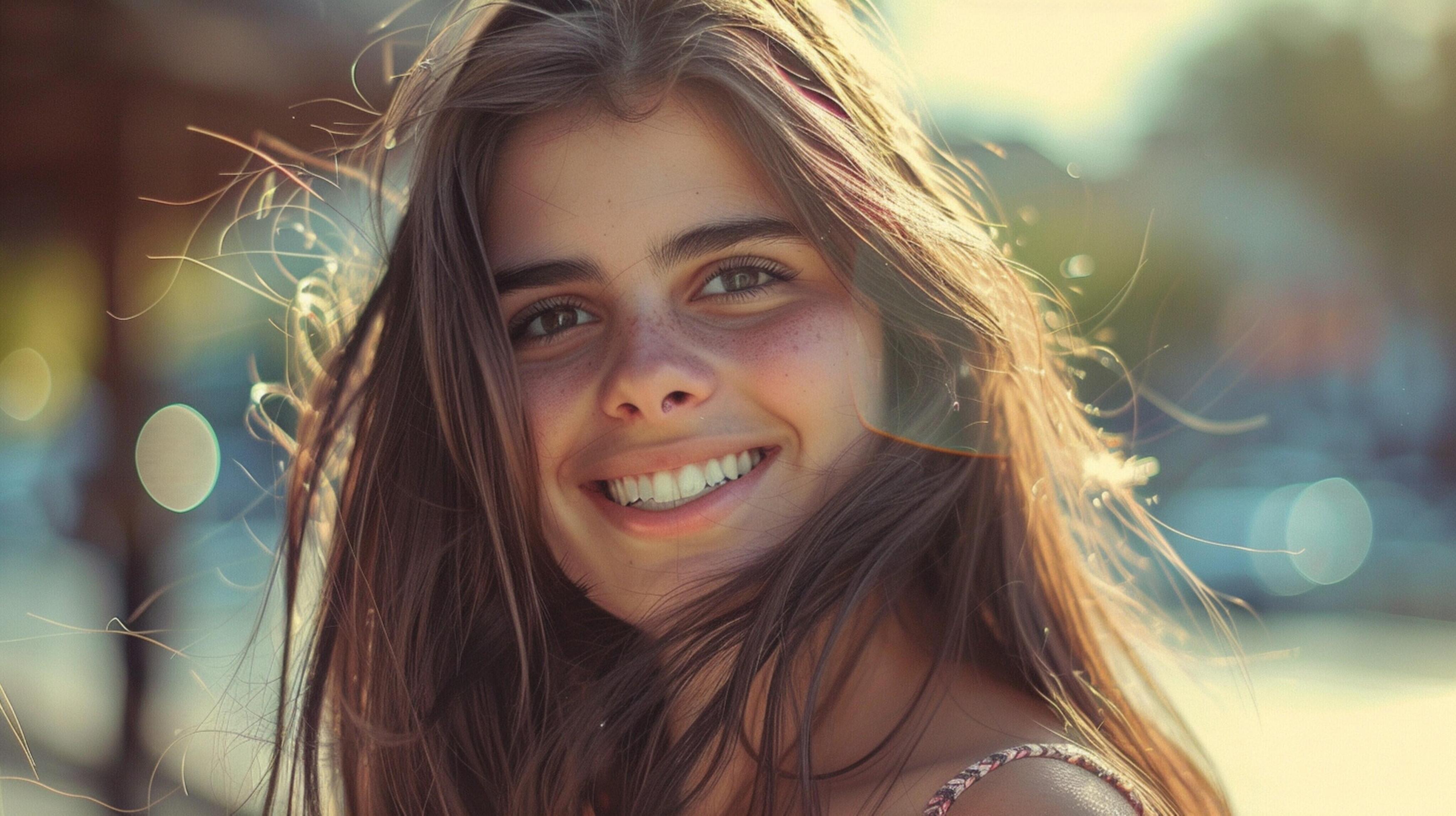 young woman with long brown hair smiling Stock Free