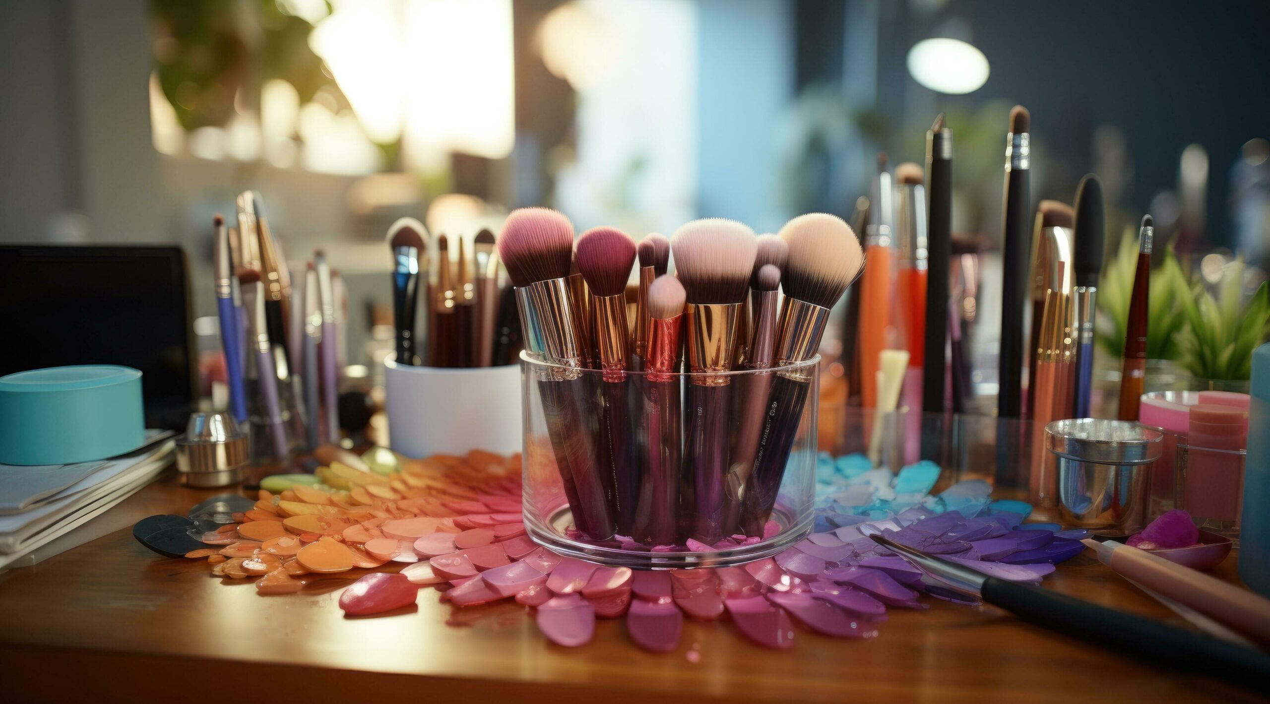 a collection of makeup brushes on a table Free Photo