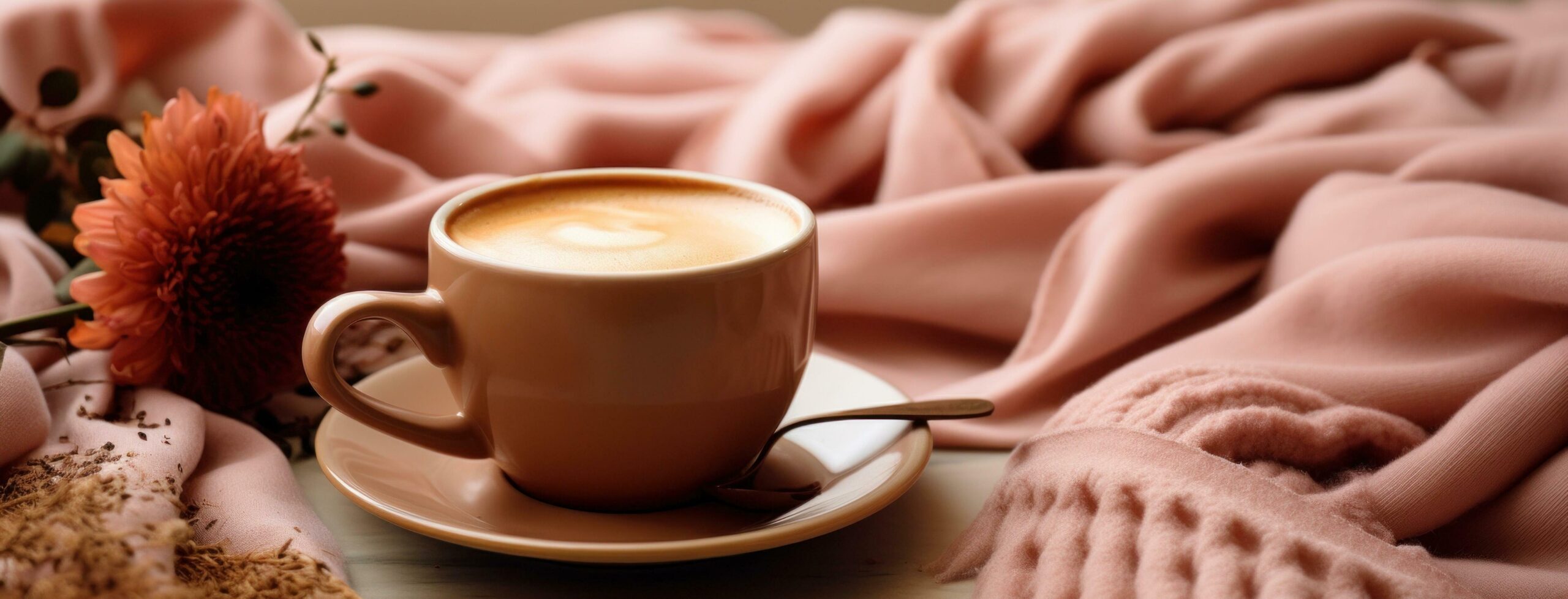 cup of coffee on the warm pink blanket Free Photo