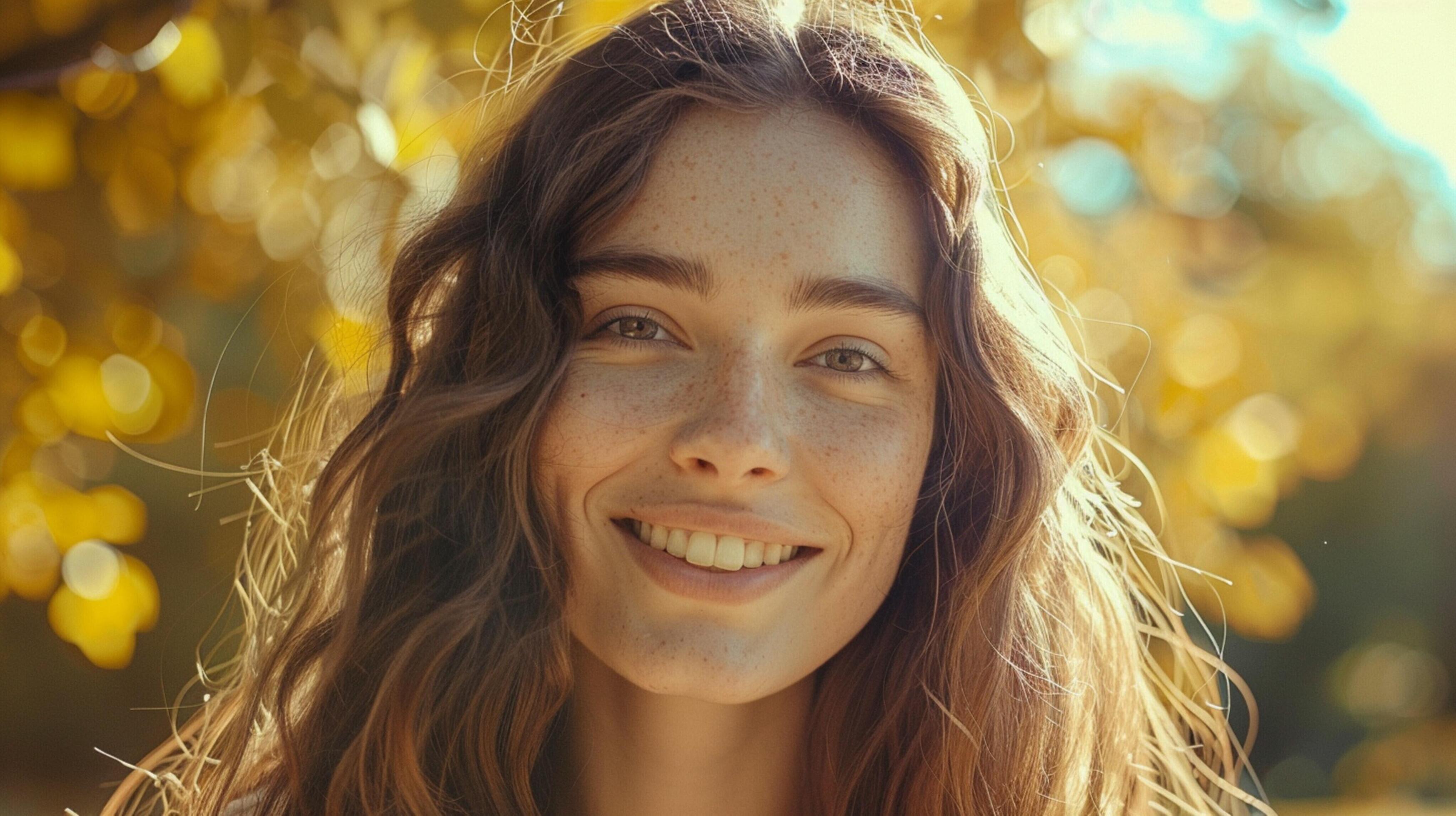 young woman with long brown hair smiling Stock Free