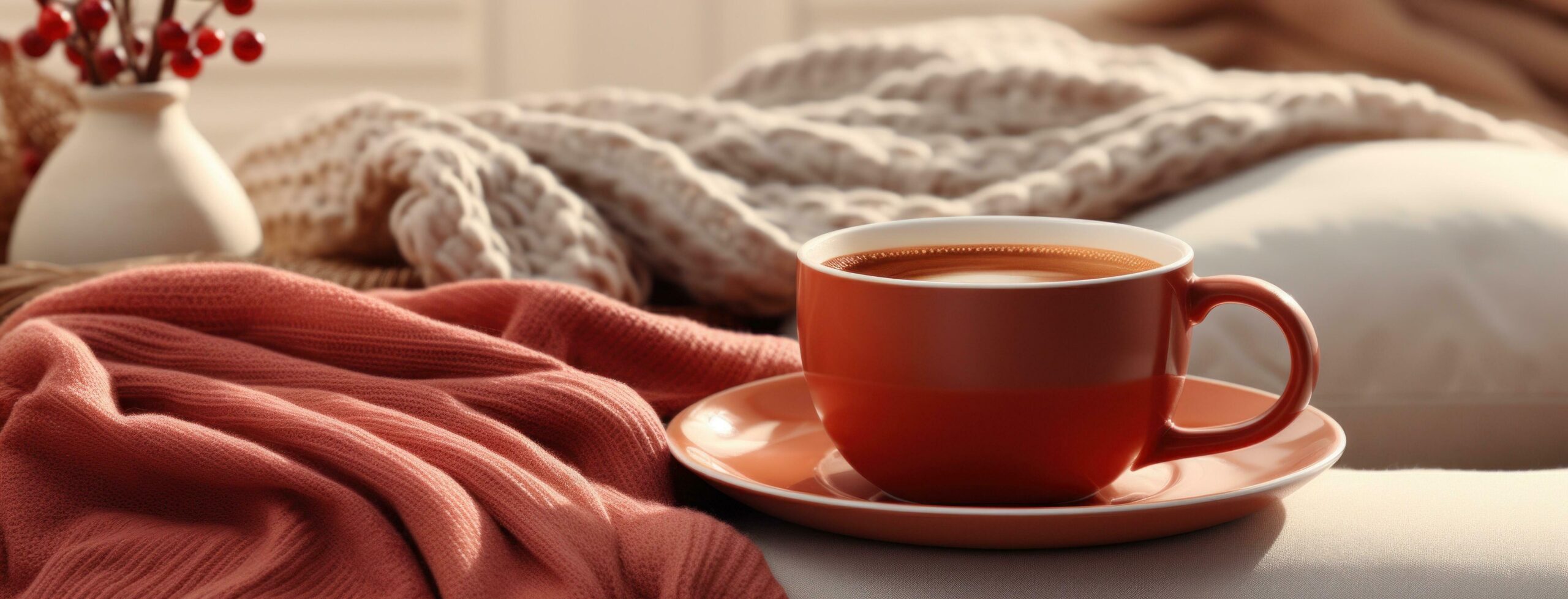 hot coffee and red blankets at home Free Photo