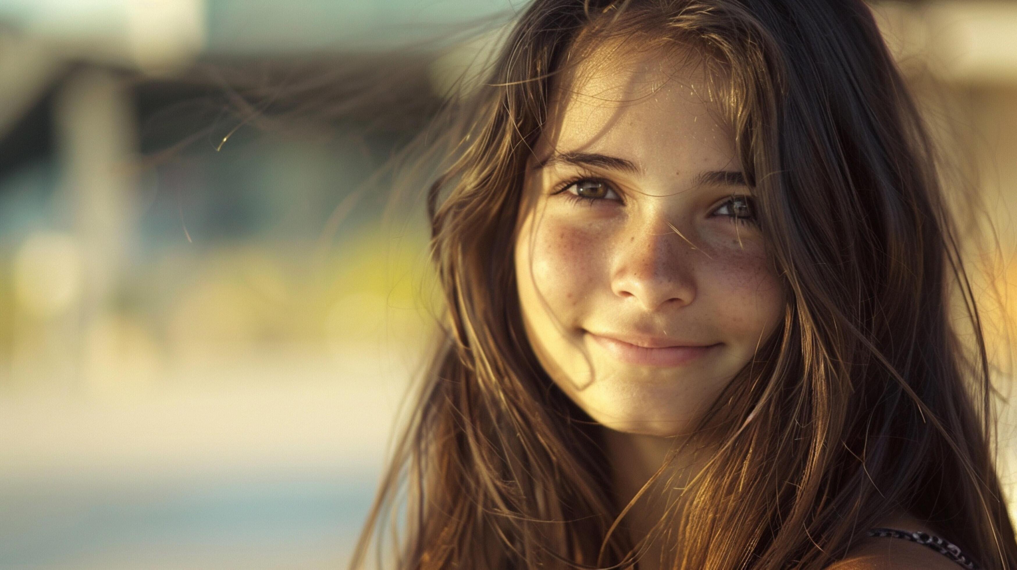 young woman with long brown hair smiling Stock Free