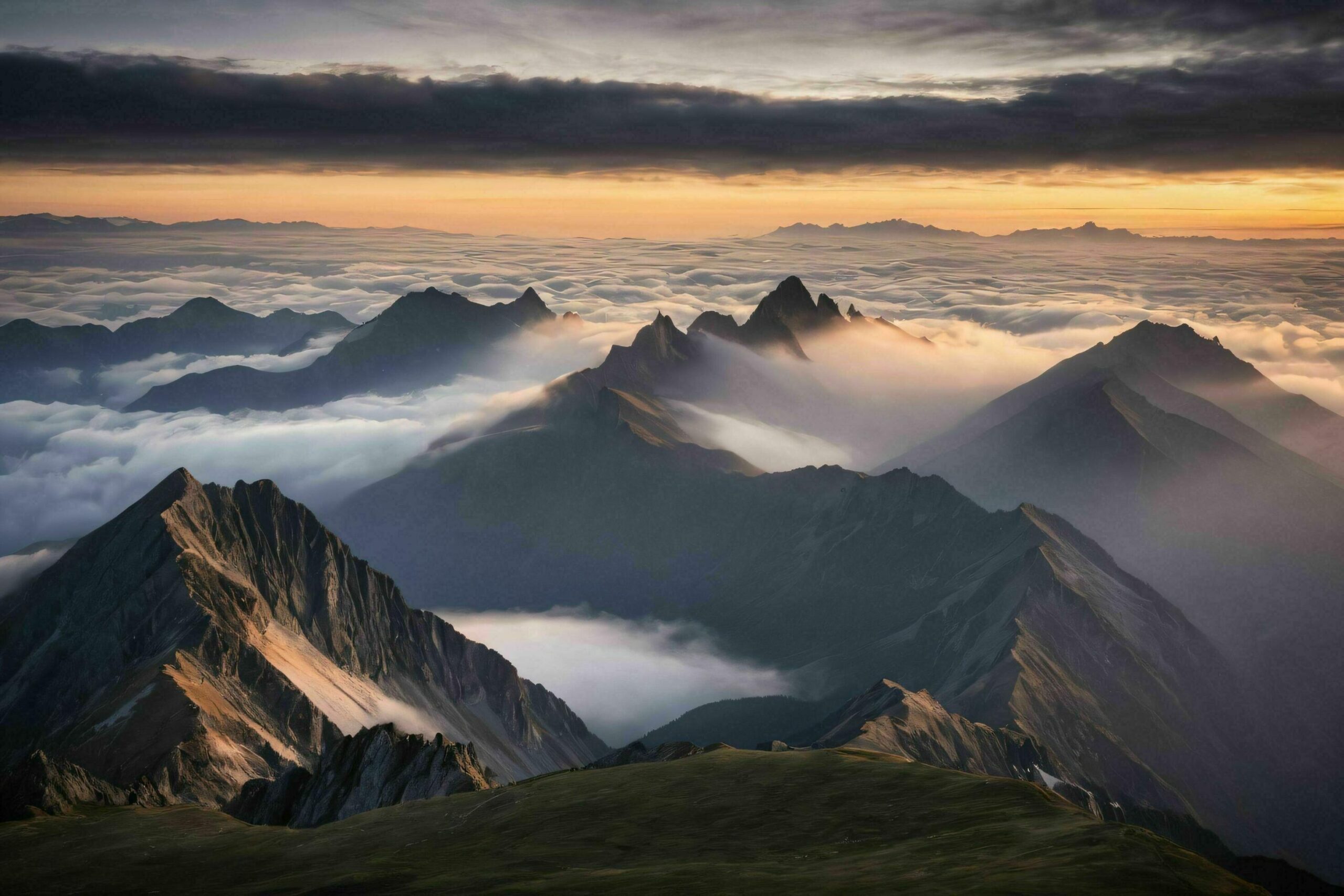 
									Sunrise Over Misty Mountain Peaks Free Photo