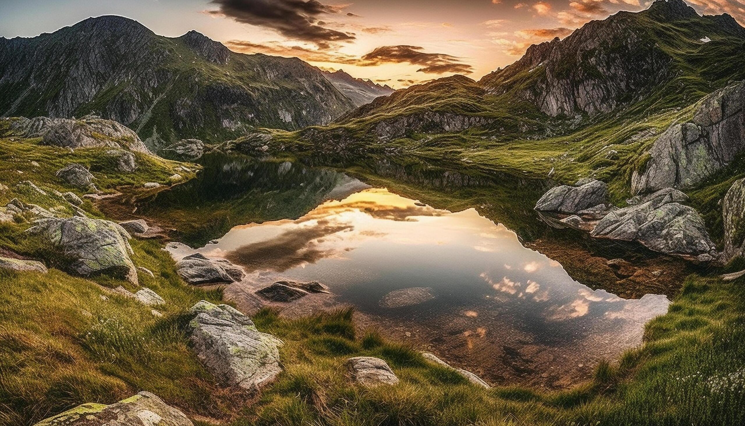 
									Majestic mountain peak reflects tranquil sunset over flowing mountain pond generated by AI Free Photo