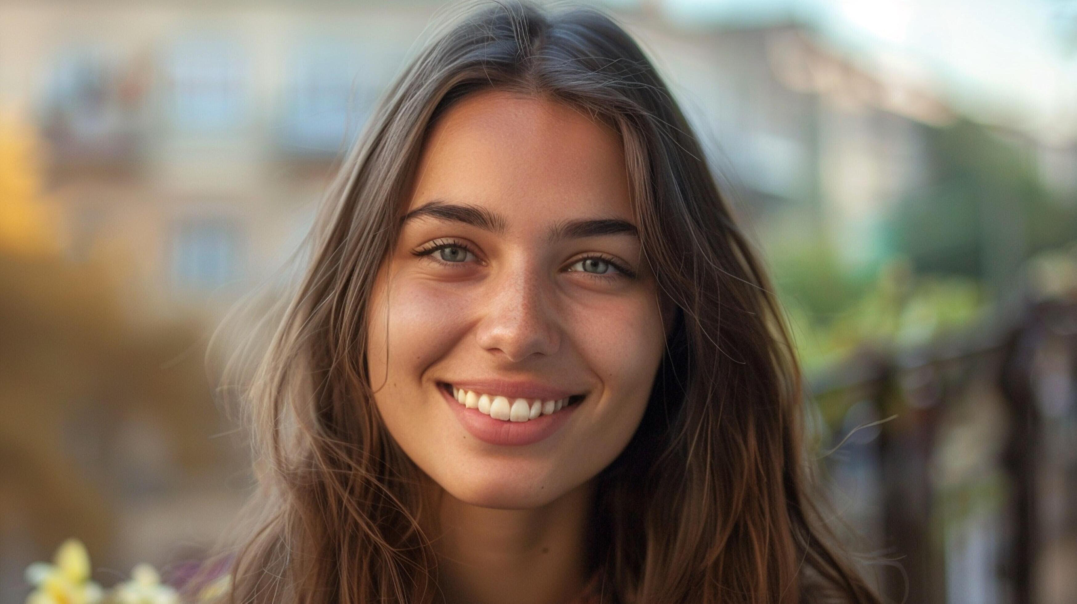 young woman with long brown hair smiling Stock Free