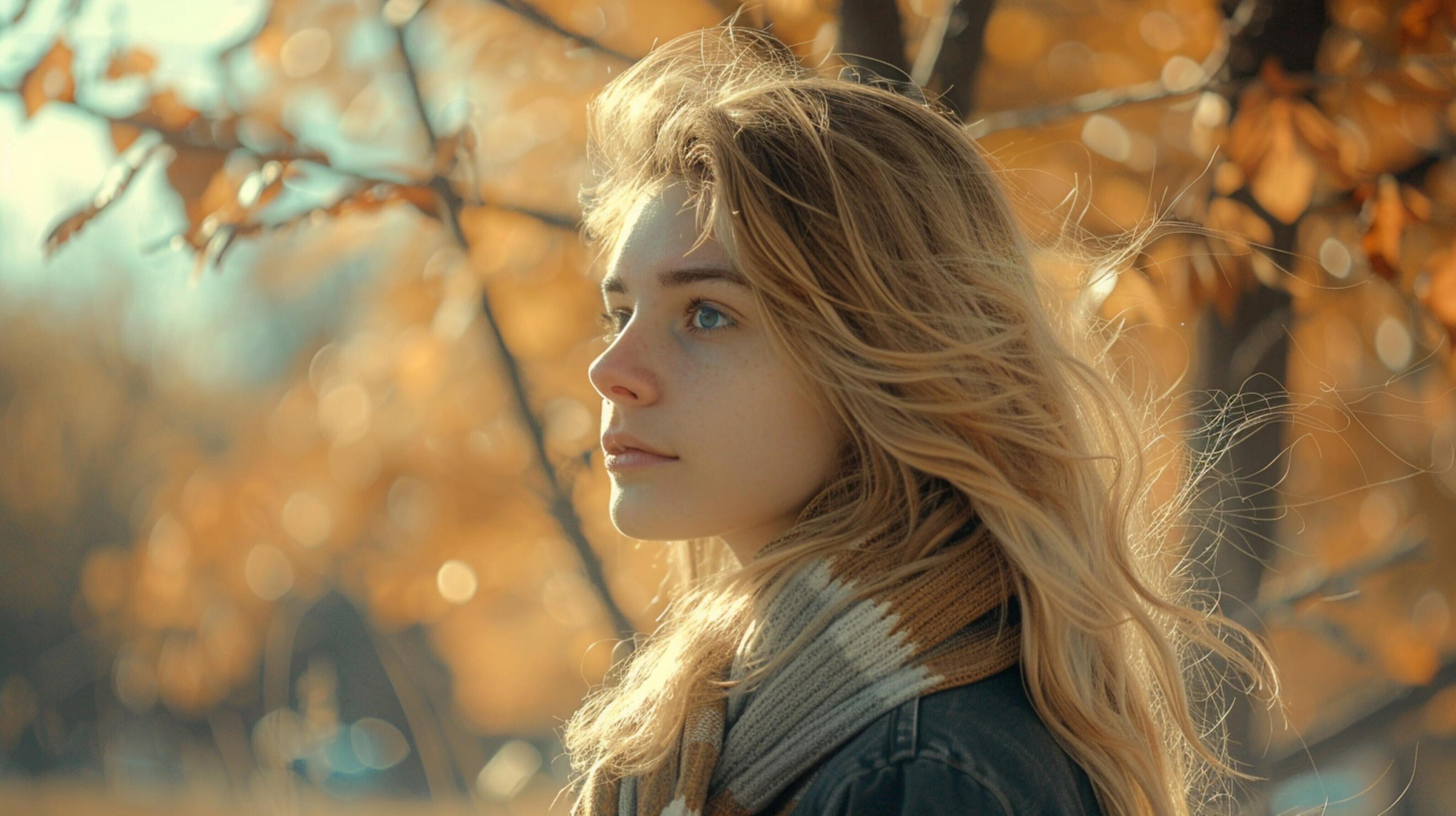 young woman with long blond hair enjoying autumn Stock Free