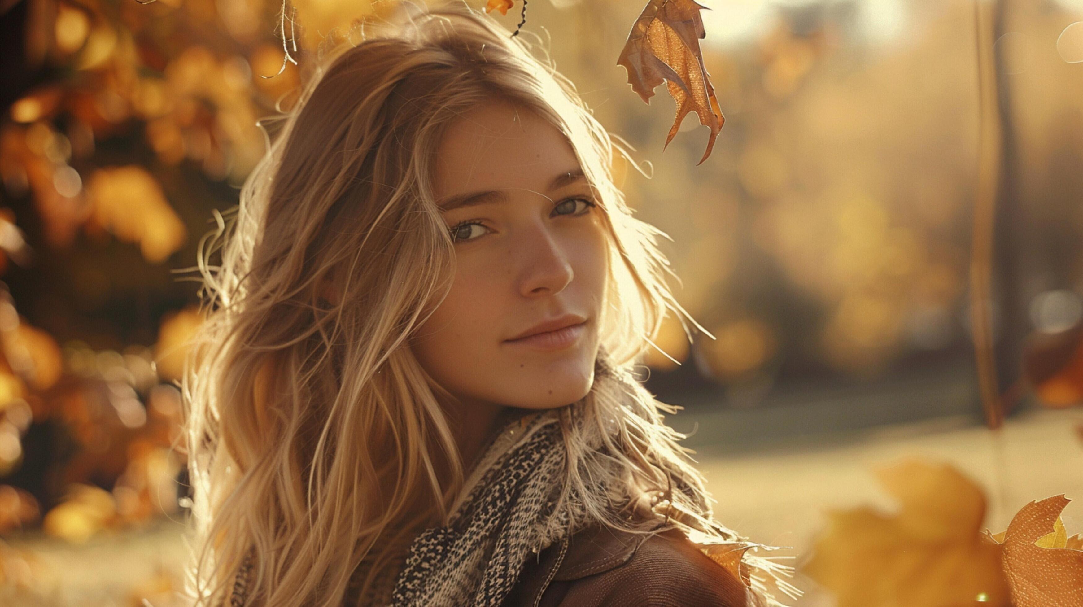 young woman with long blond hair enjoying autumn Stock Free