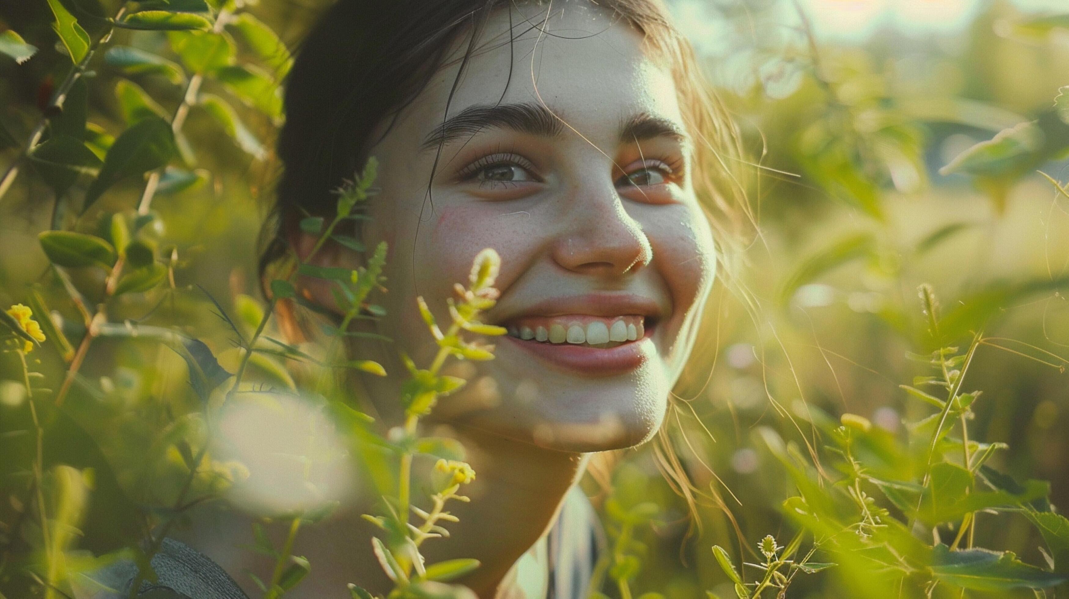 young woman smiling looking at camera surrounded Stock Free