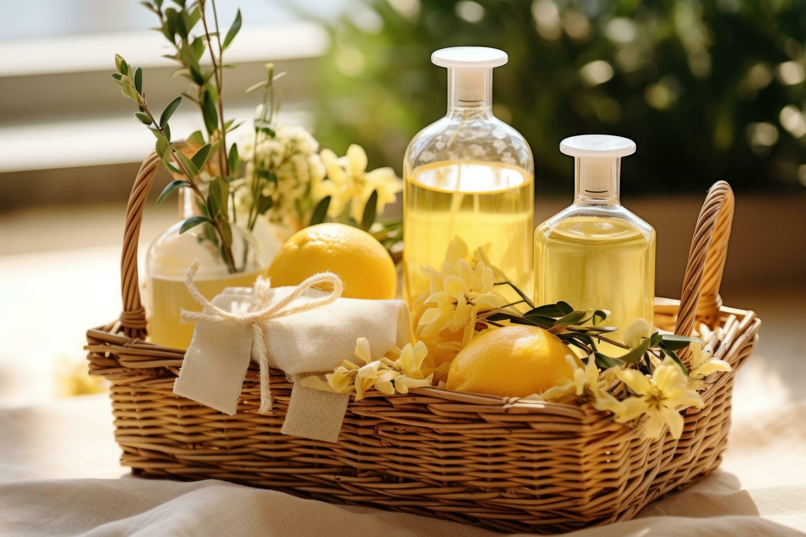 four natural soaps, a cleaning spray and some green plants in a basket Free Photo