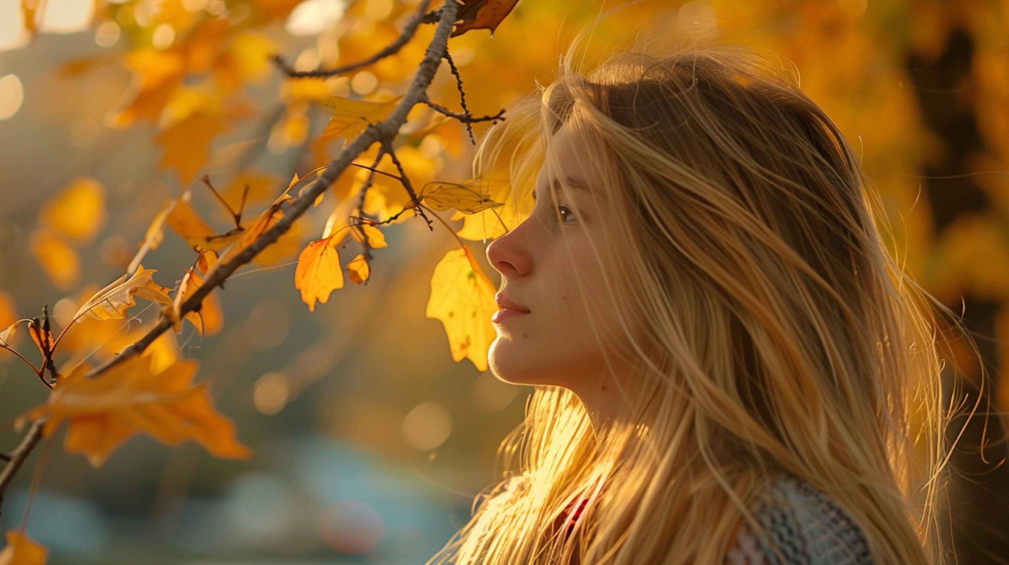 young woman with long blond hair enjoying autumn Stock Free