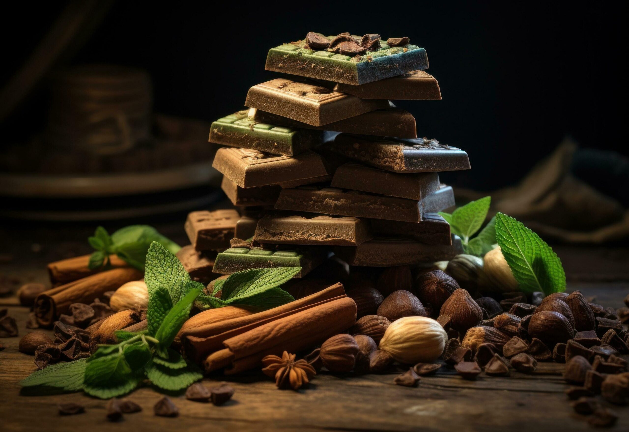 chocolate, spices and nuts stacked on a wooden table Free Photo