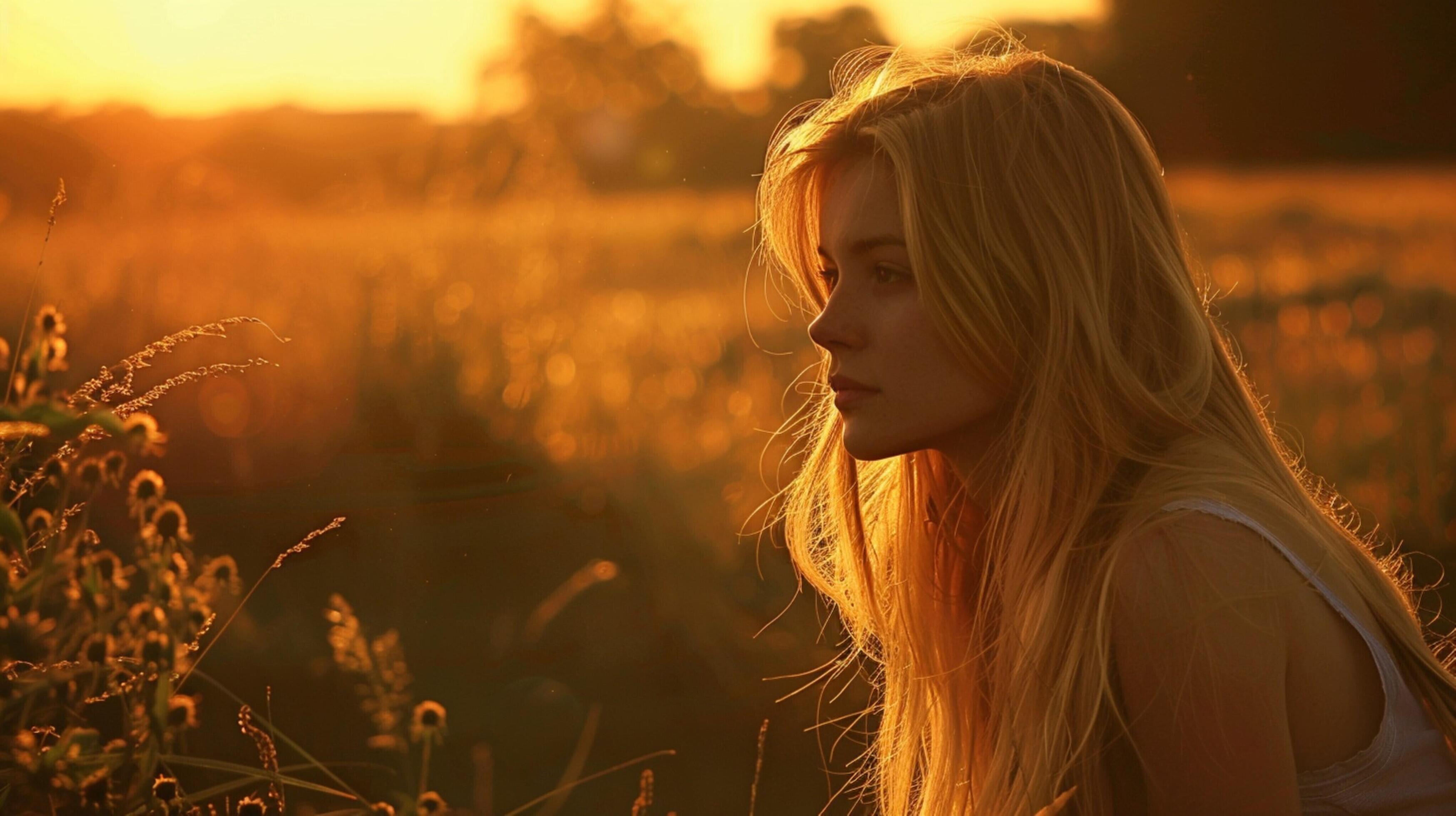 young woman with long blond hair enjoying the summer Stock Free