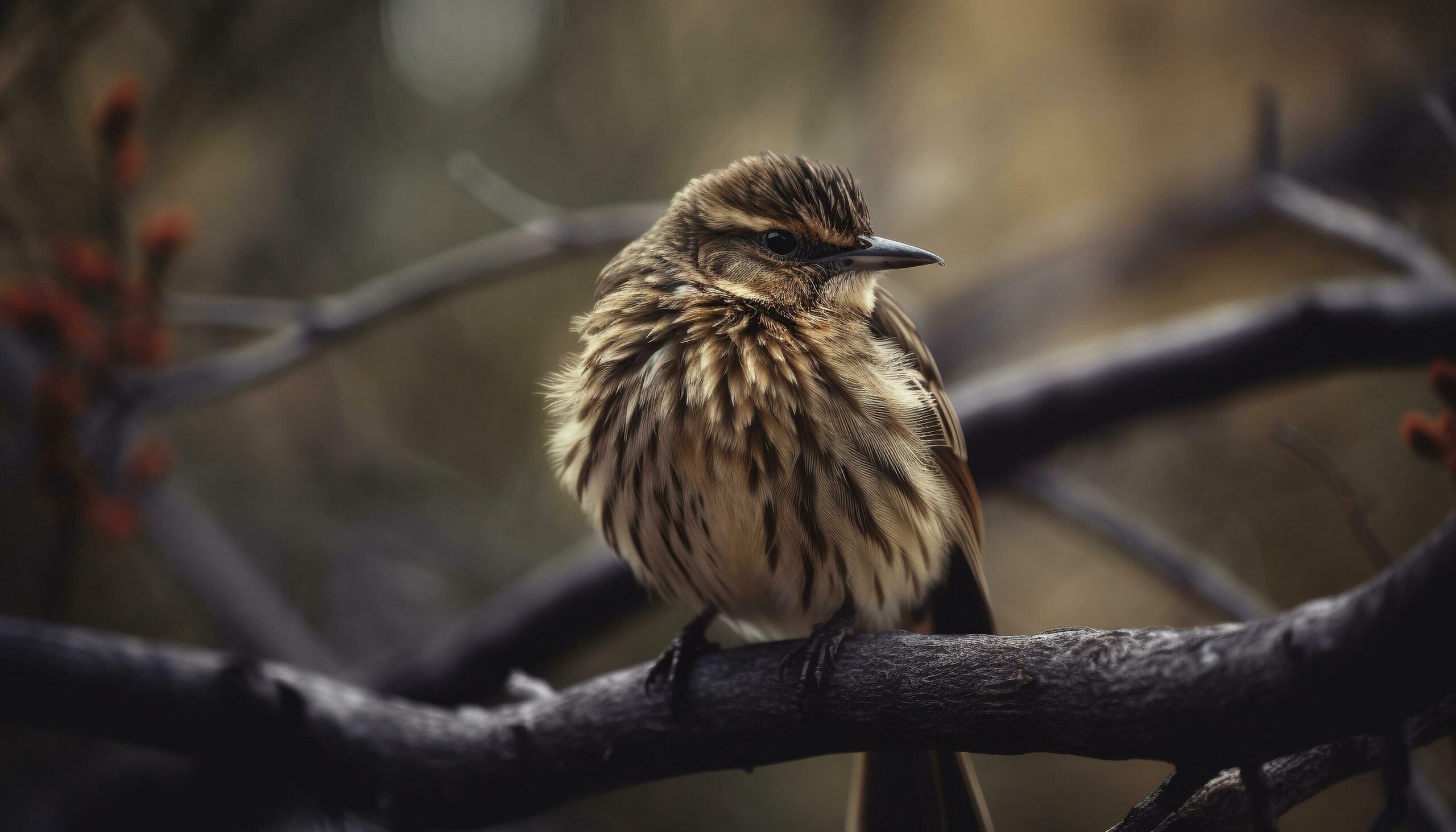 A small sparrow perching on a branch, looking cute and tranquil generated by AI Free Photo