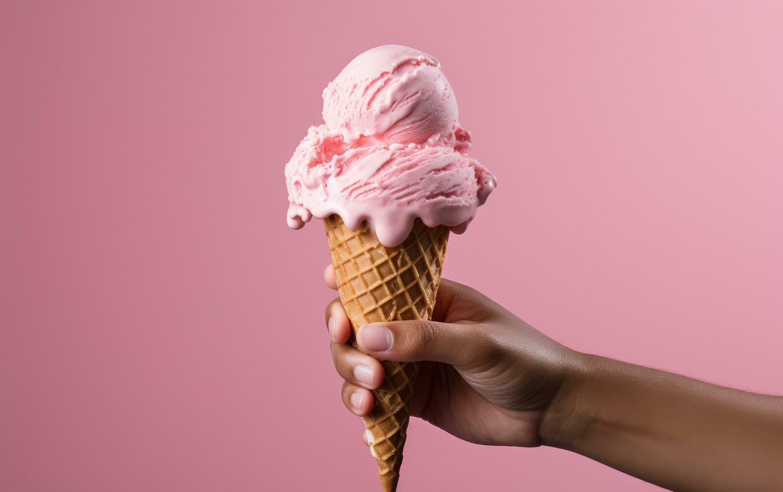 a hand holding a pink cone of ice cream Free Photo