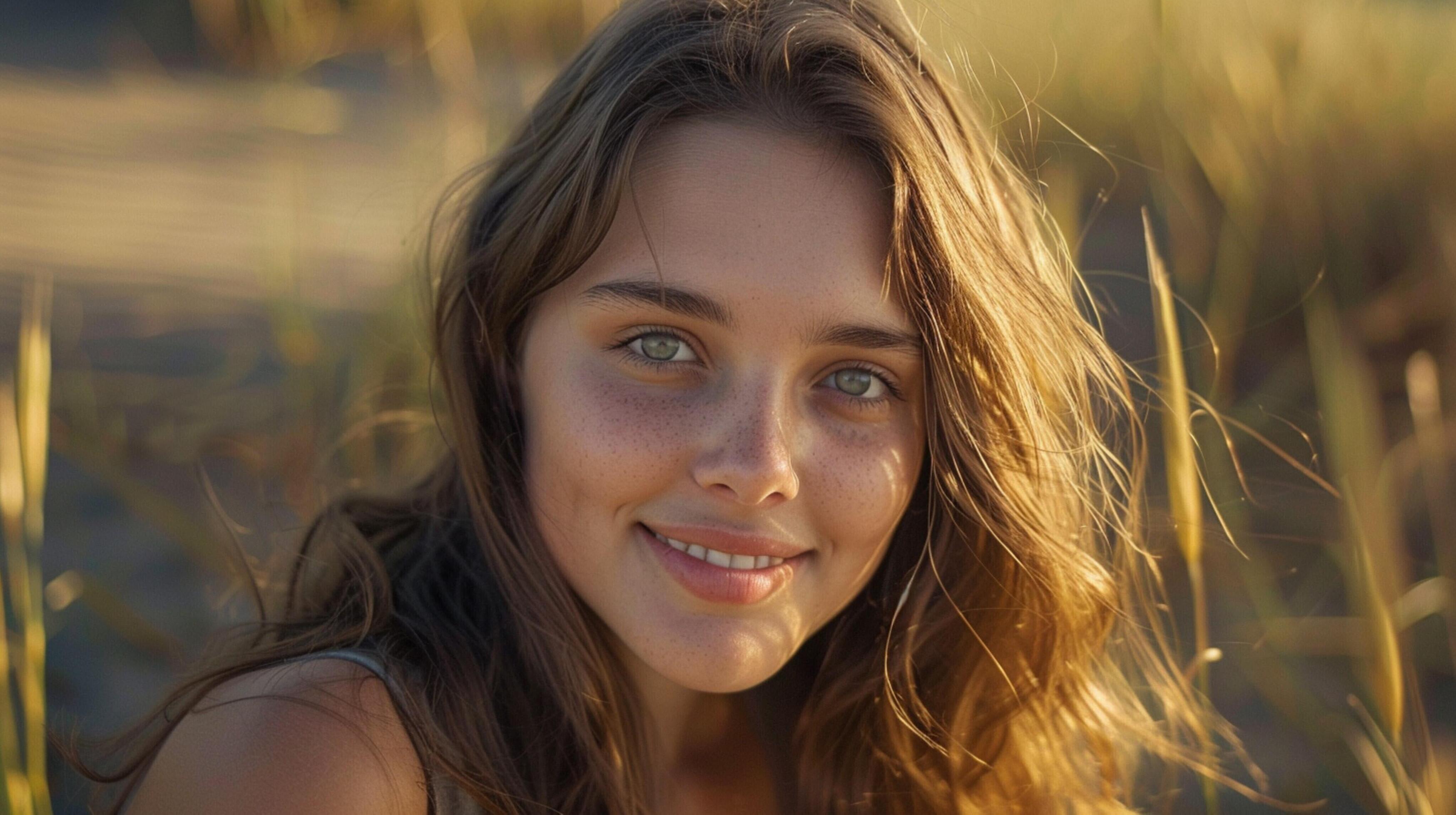 young woman with long brown hair smiling Stock Free