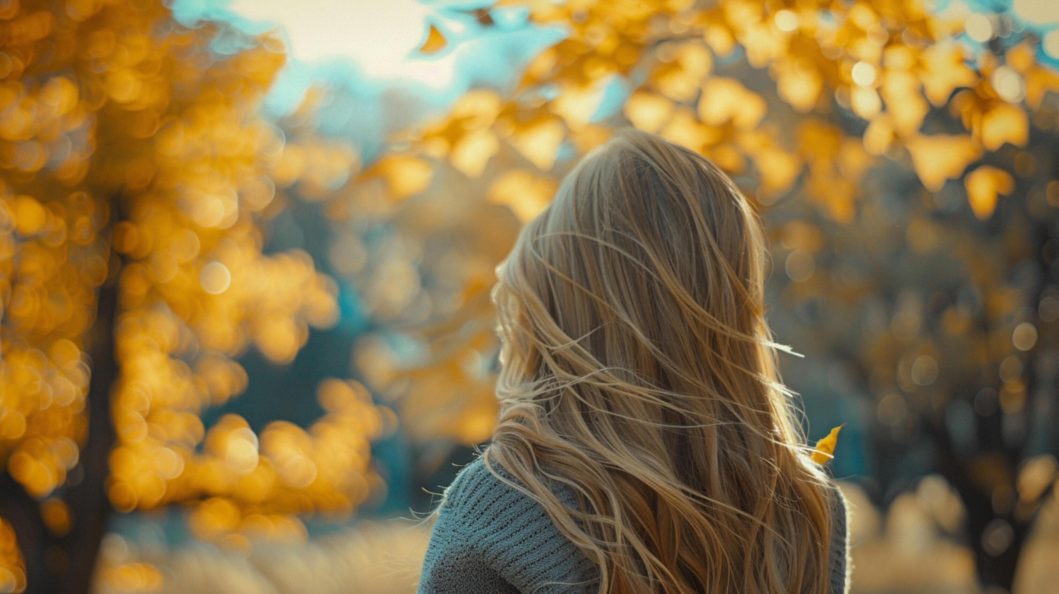 young woman with long blond hair enjoying autumn Stock Free