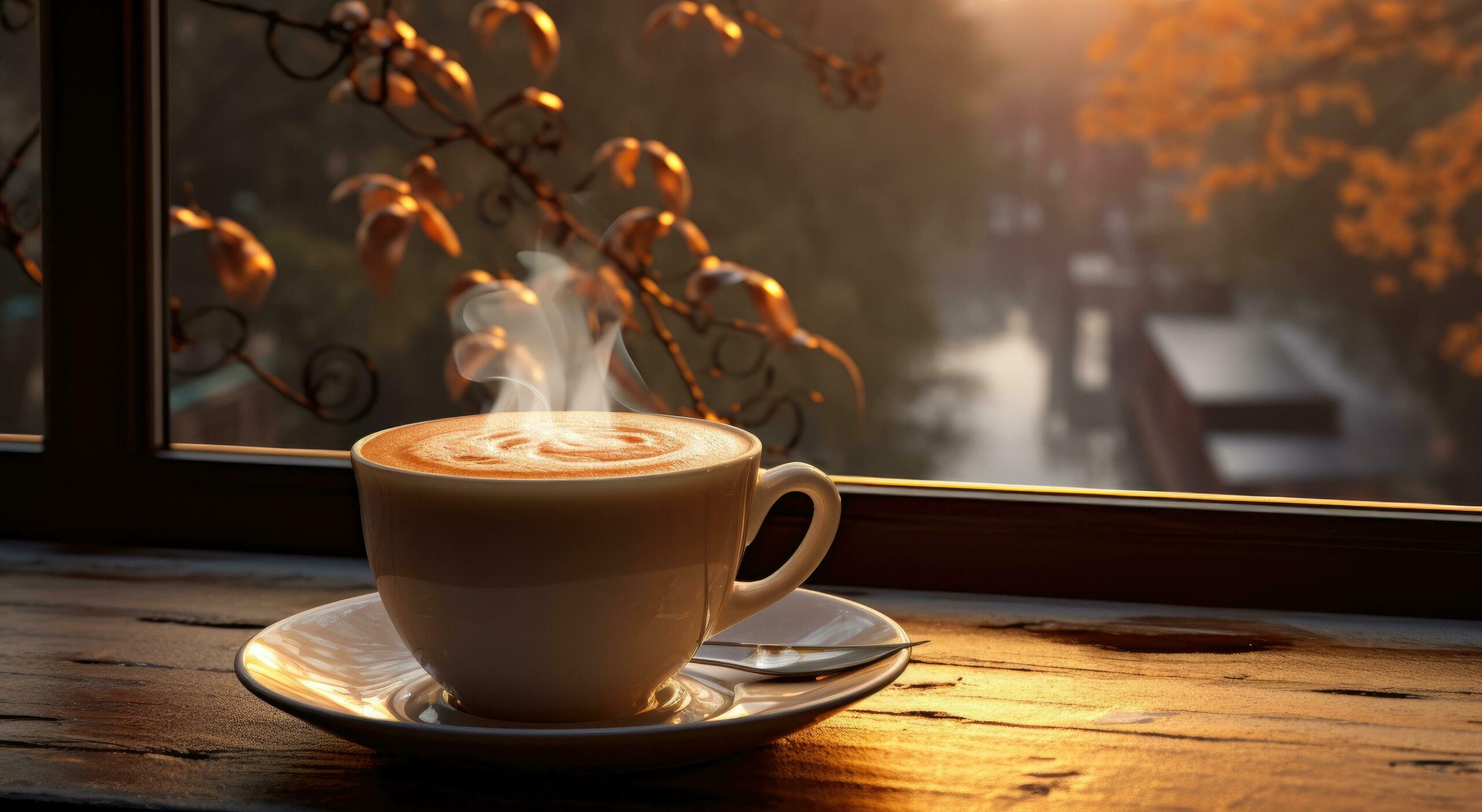 a cup of coffee on a window sill with light flowing in Free Photo