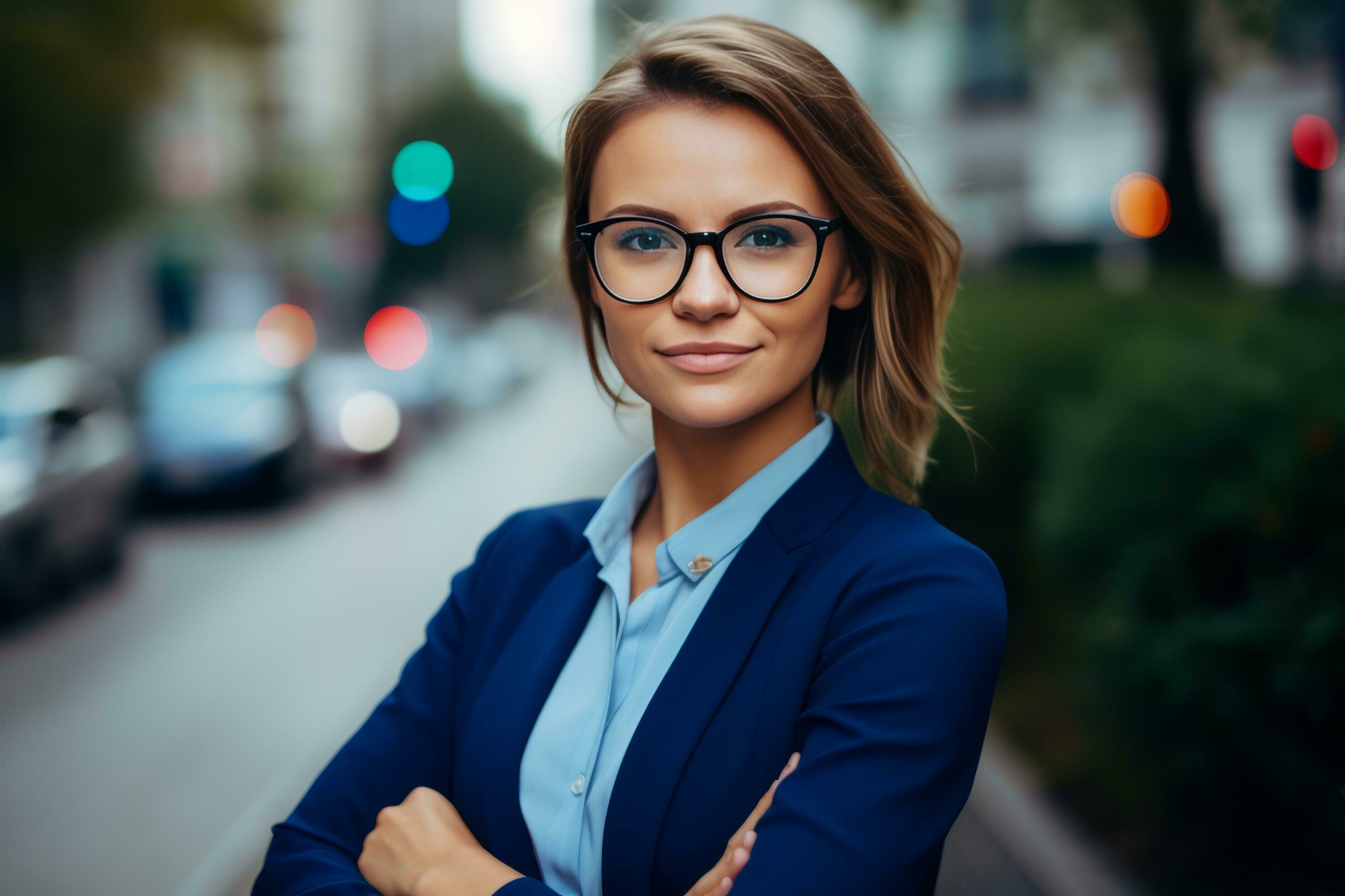 Business woman happy to be outside, in the style of street style realism Stock Free