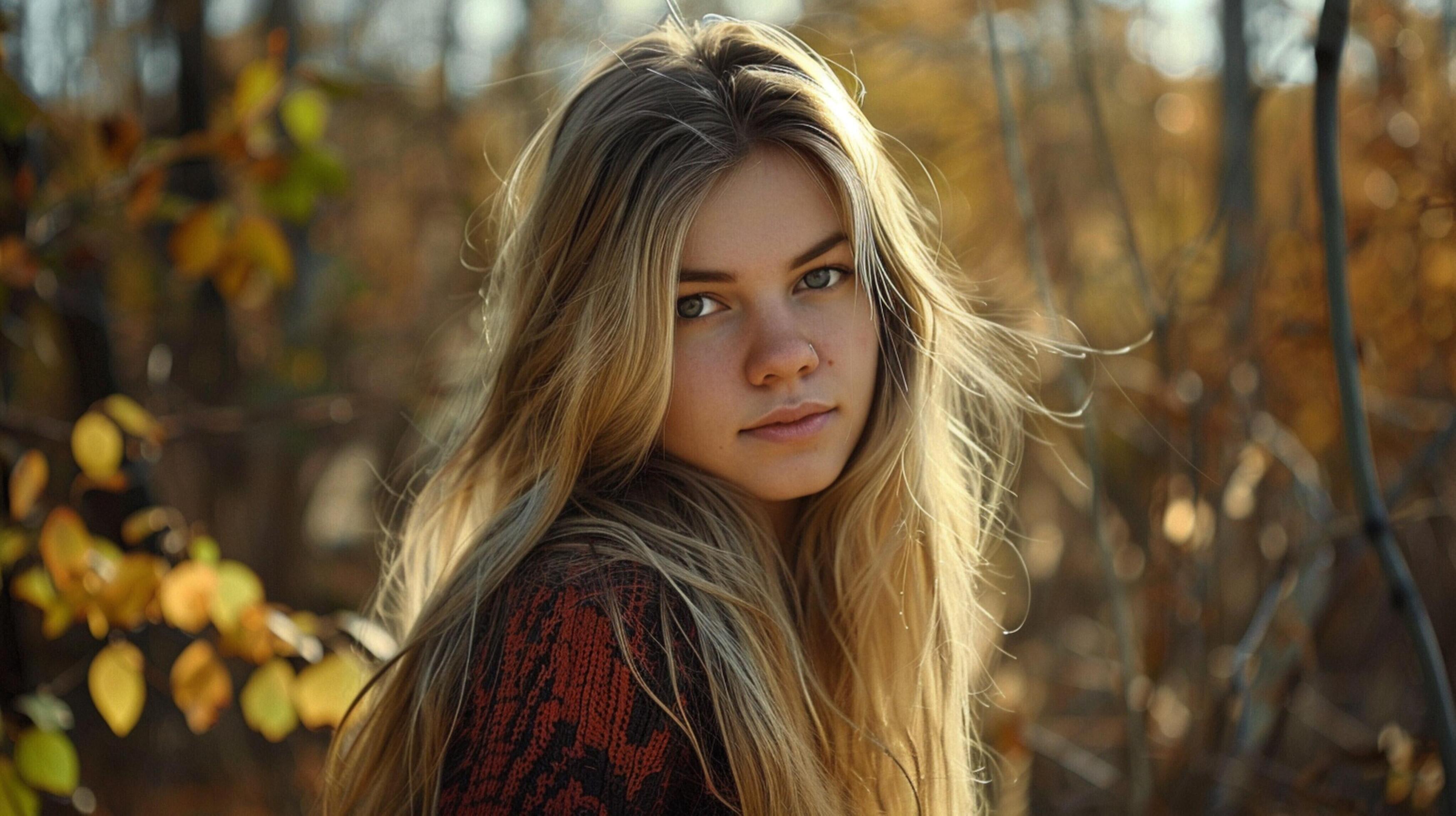 young woman with long blond hair enjoying autumn Stock Free