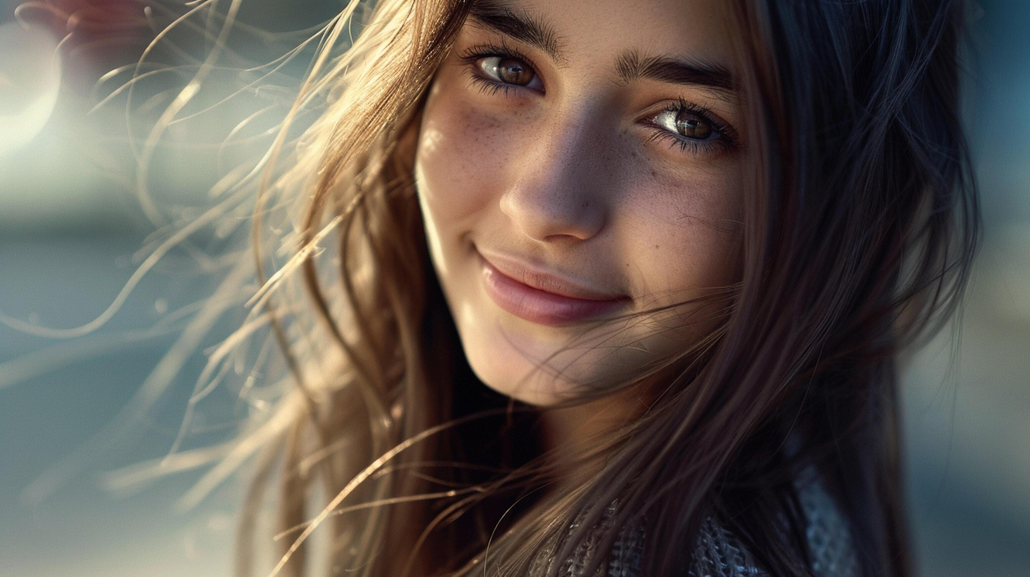 young woman with long brown hair smiling Stock Free