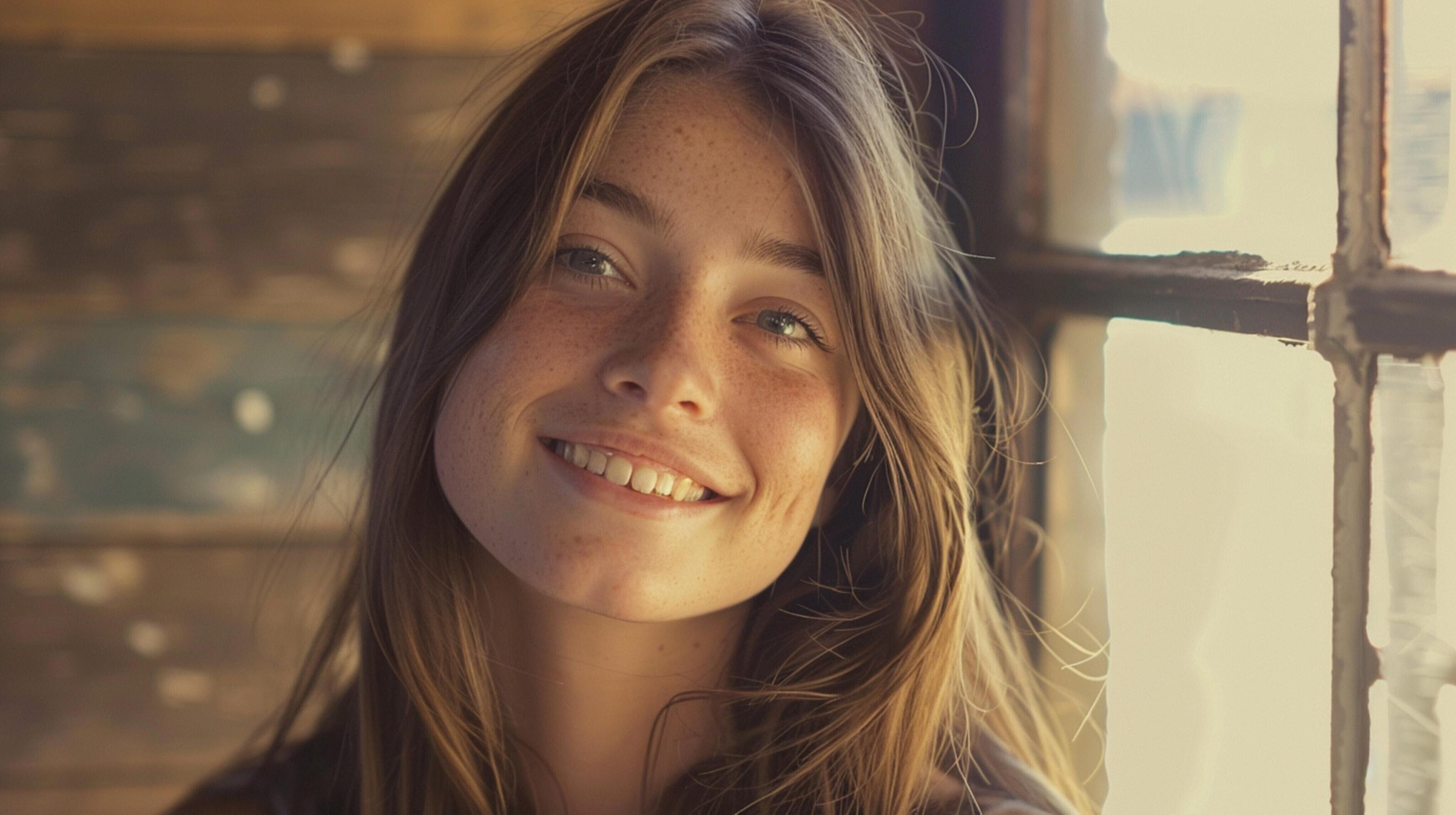 young woman with long brown hair smiling Stock Free