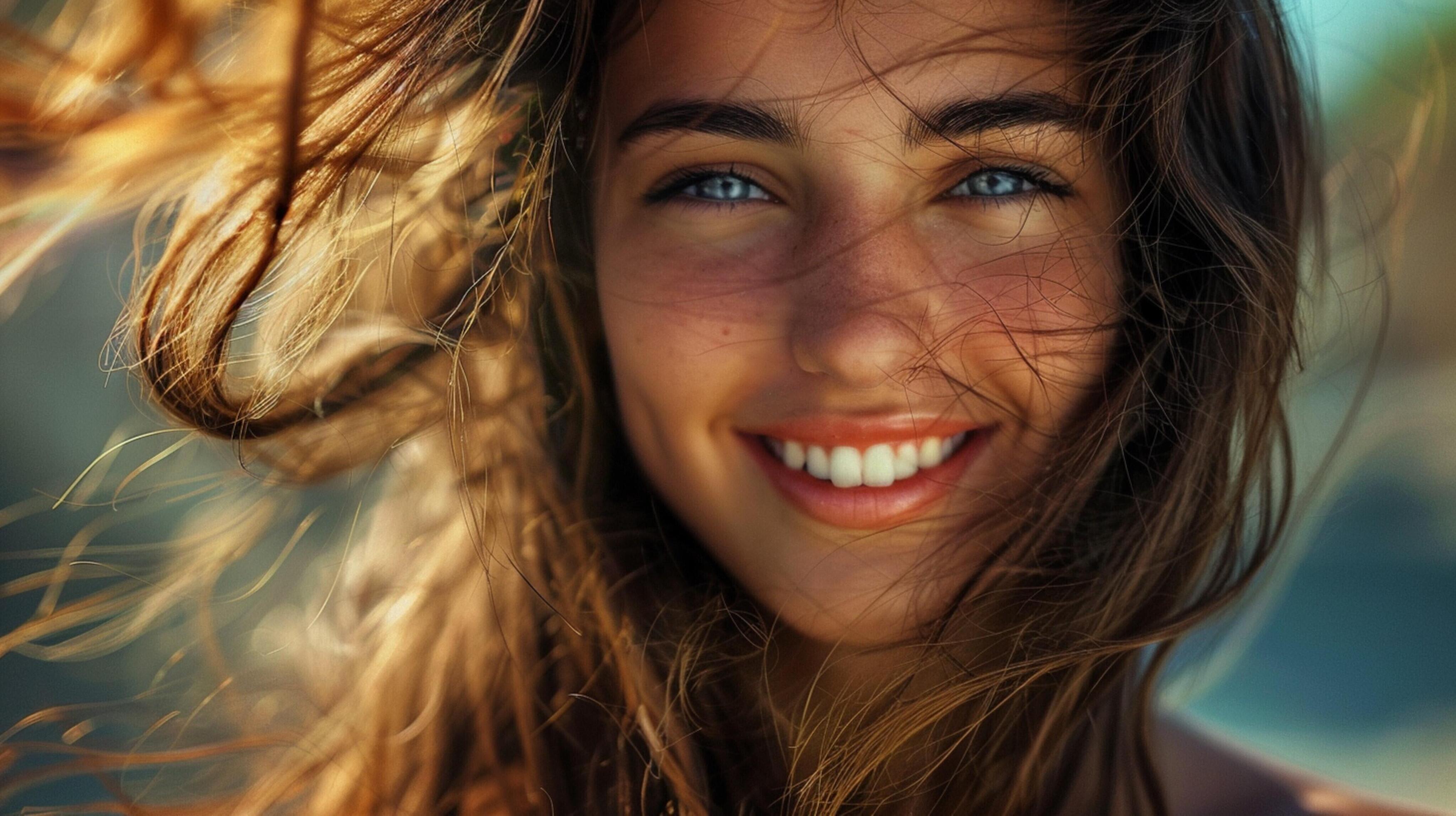 young woman with long brown hair smiling Stock Free