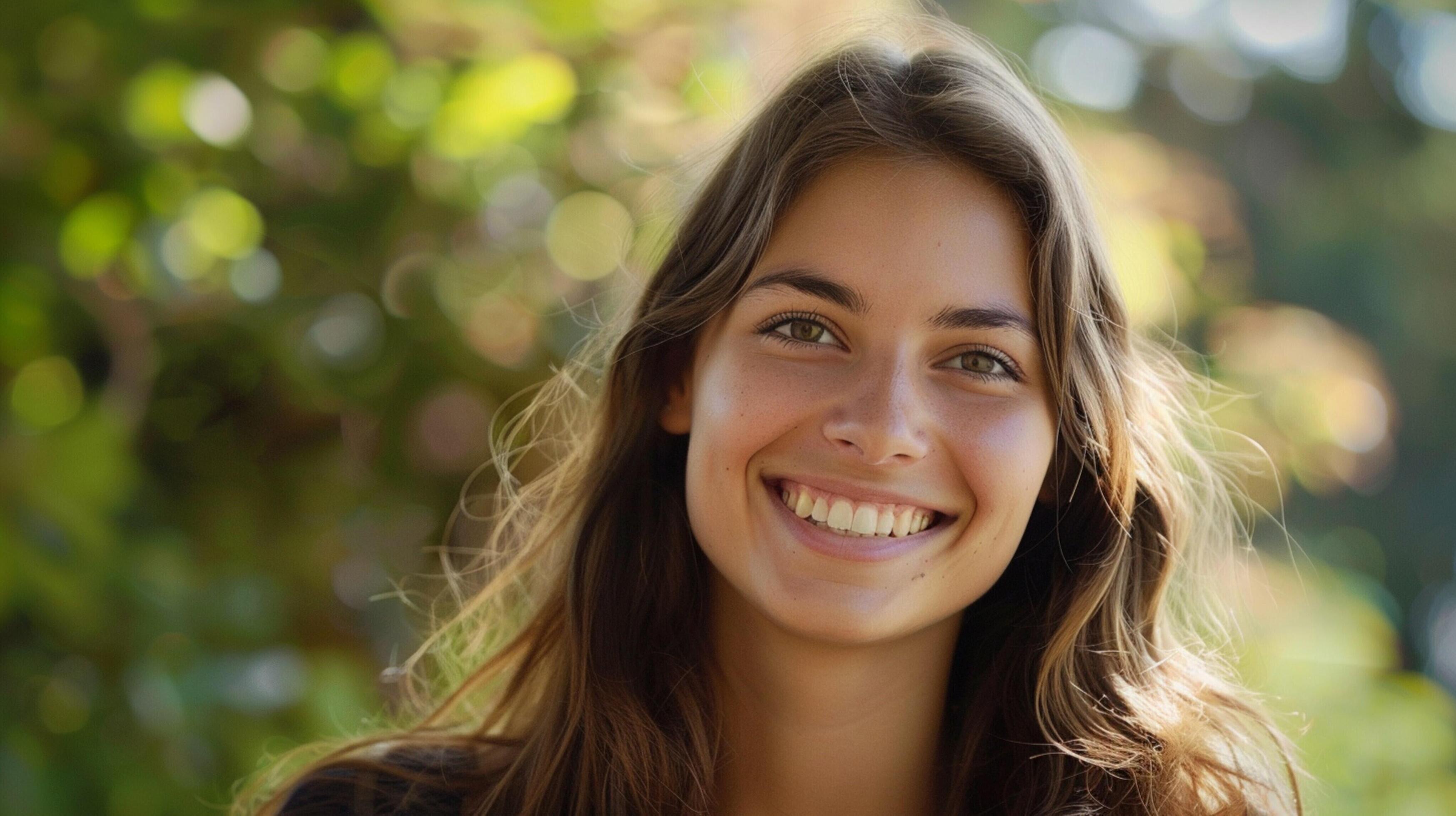 young woman with long brown hair smiling Stock Free