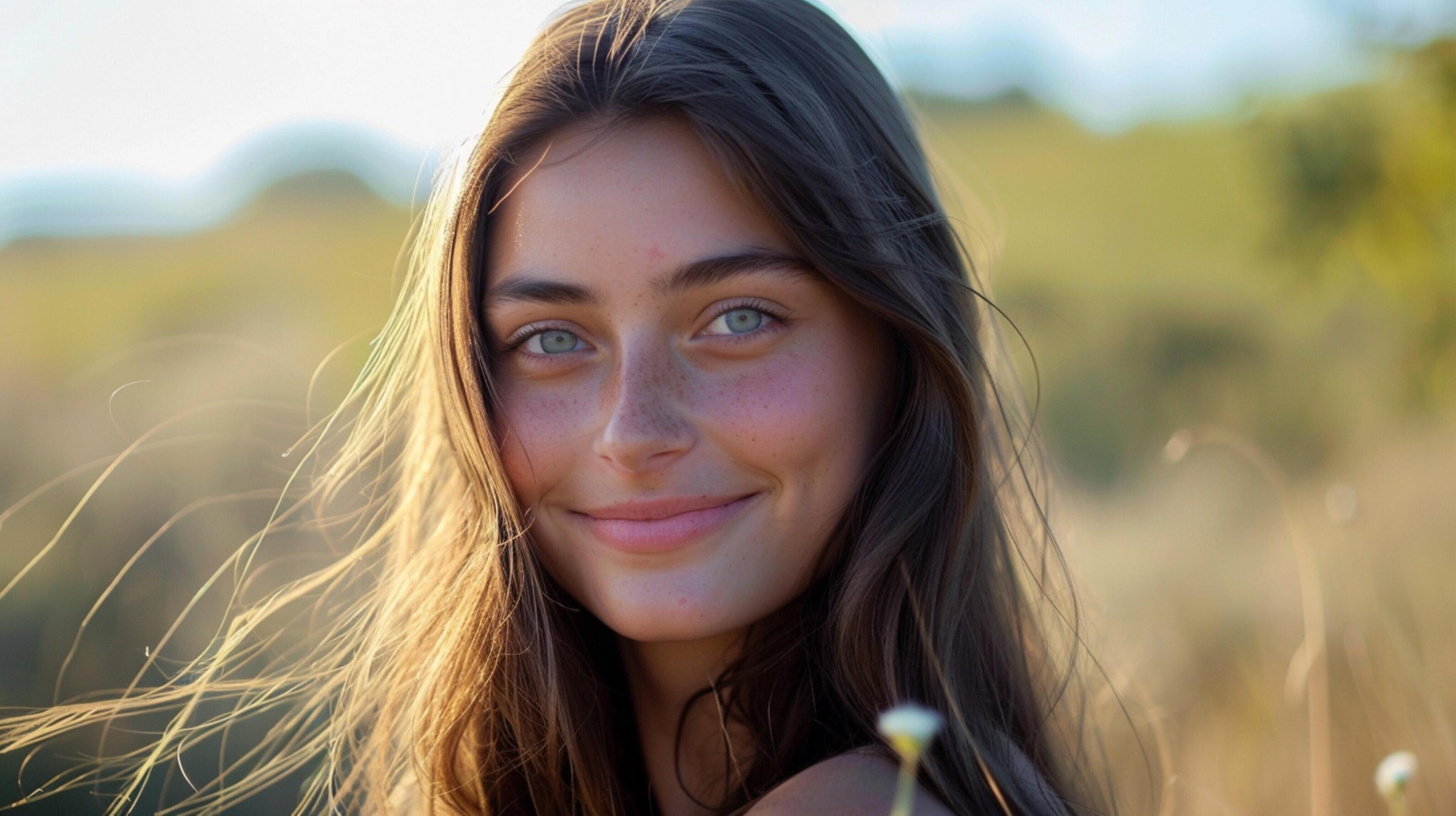 young woman with long brown hair smiling Stock Free