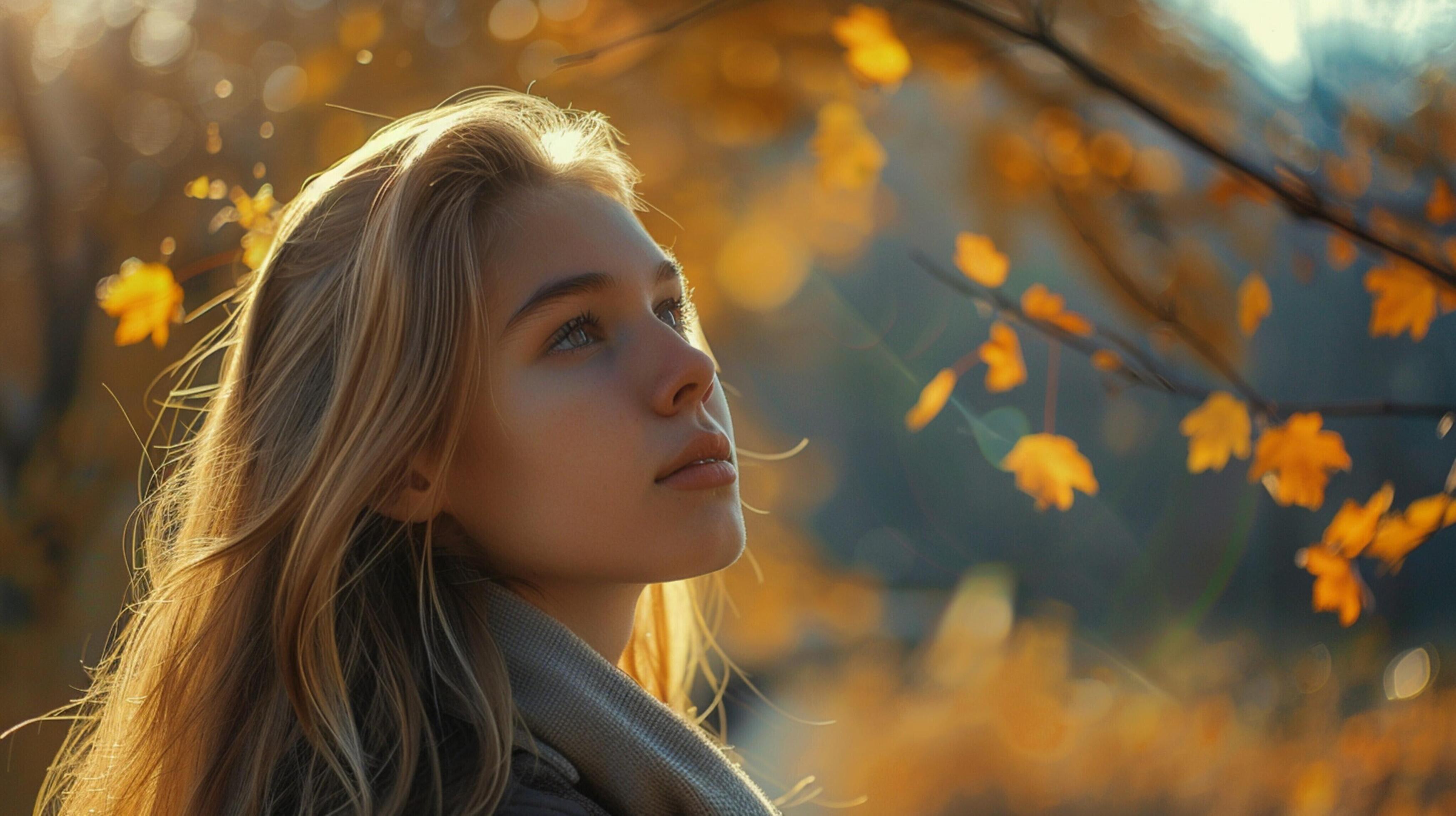 young woman with long blond hair enjoying autumn Stock Free