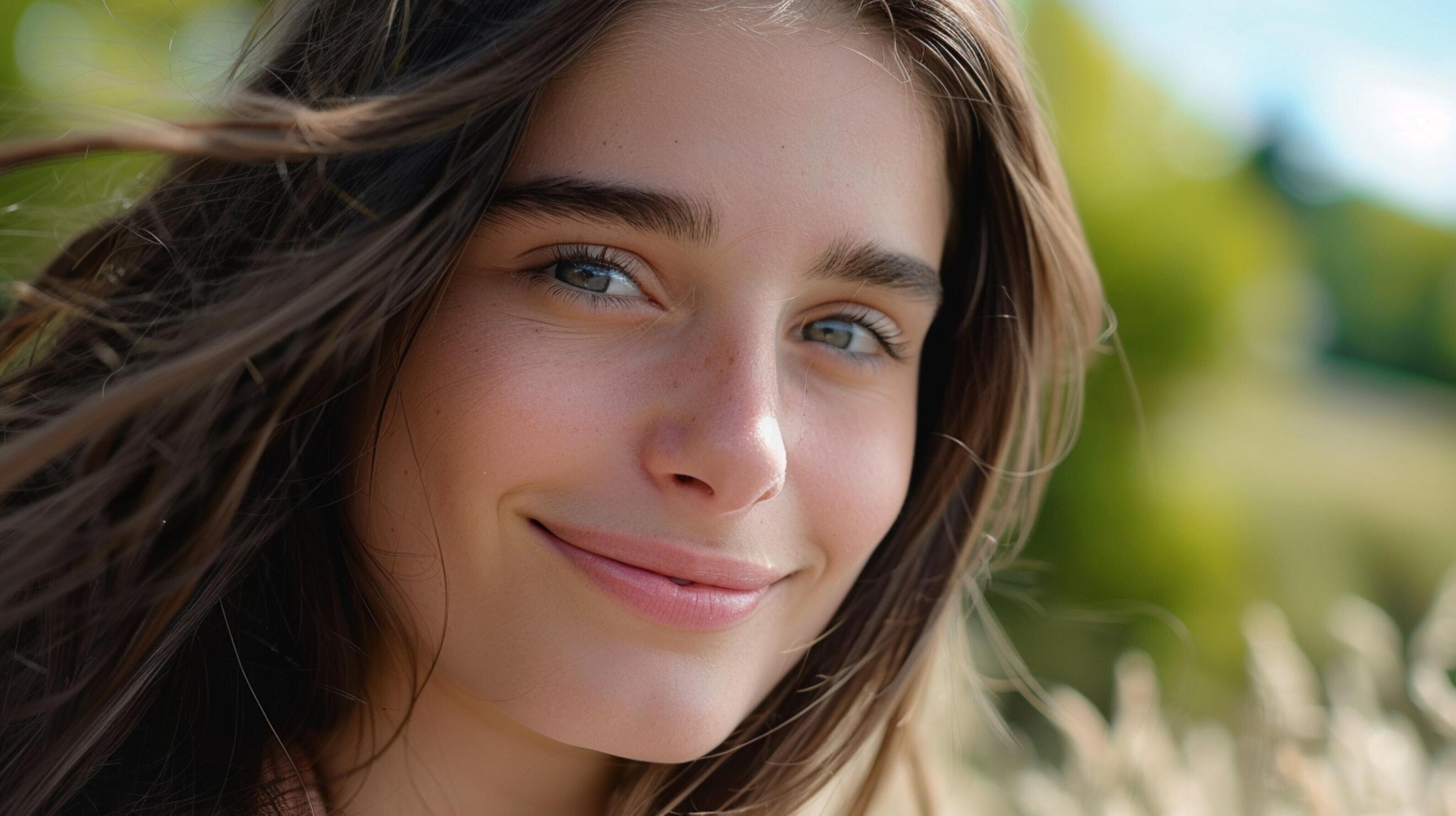 young woman with long brown hair smiling Stock Free