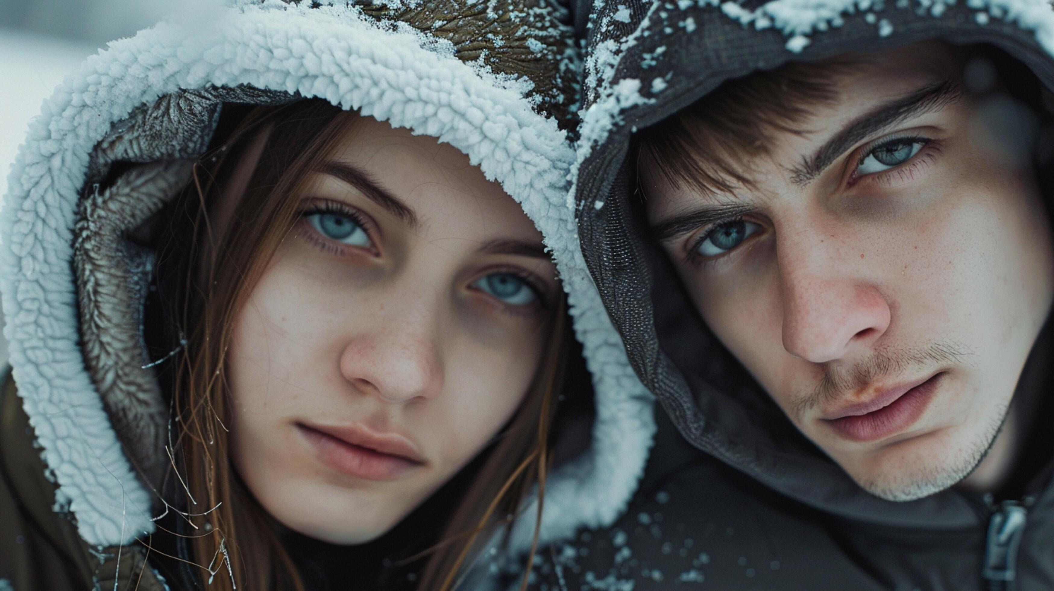 young couple in hooded shirts looking at camera Stock Free