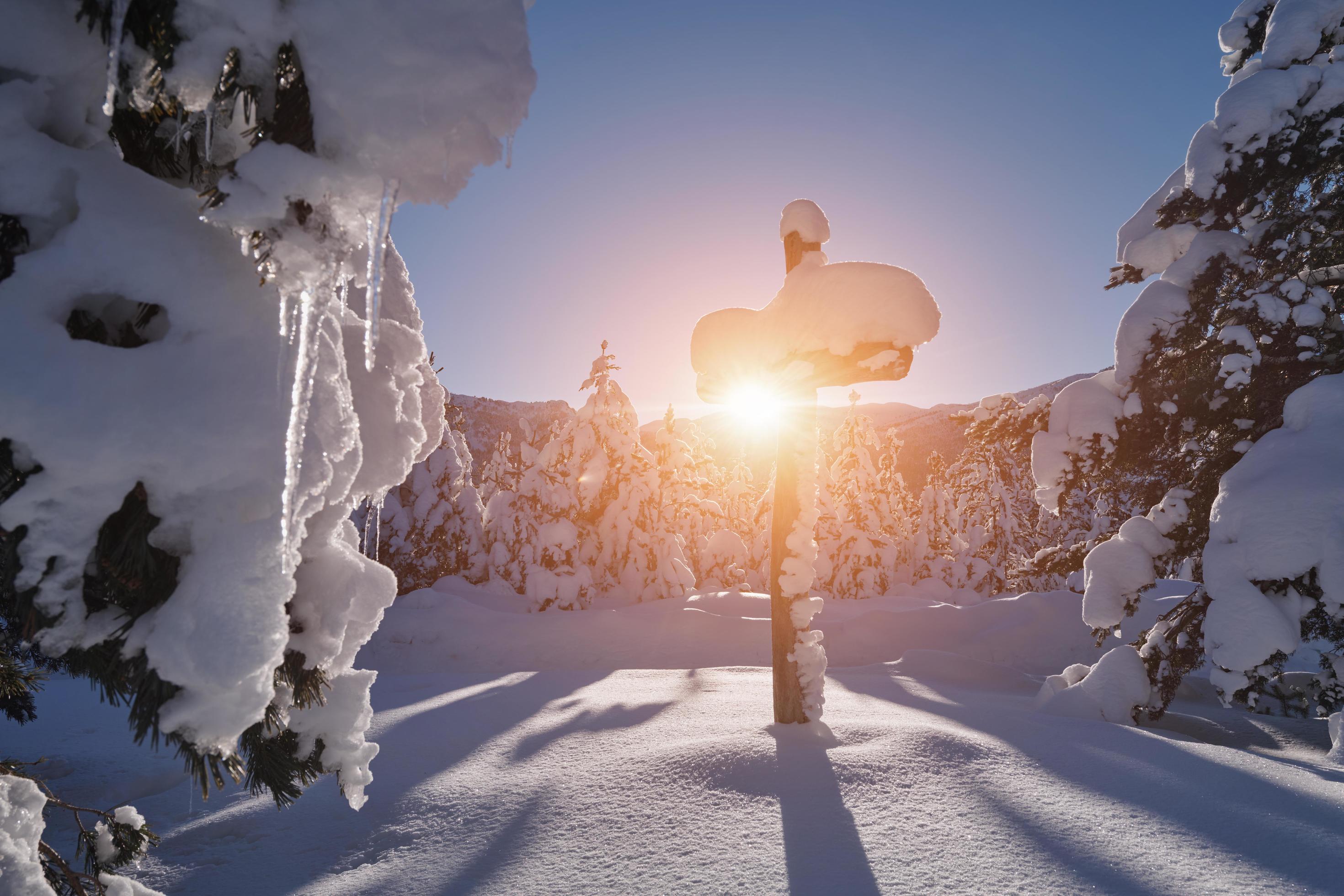 Wooden cross covered with fresh snow at beautiful fresh winter morning Stock Free