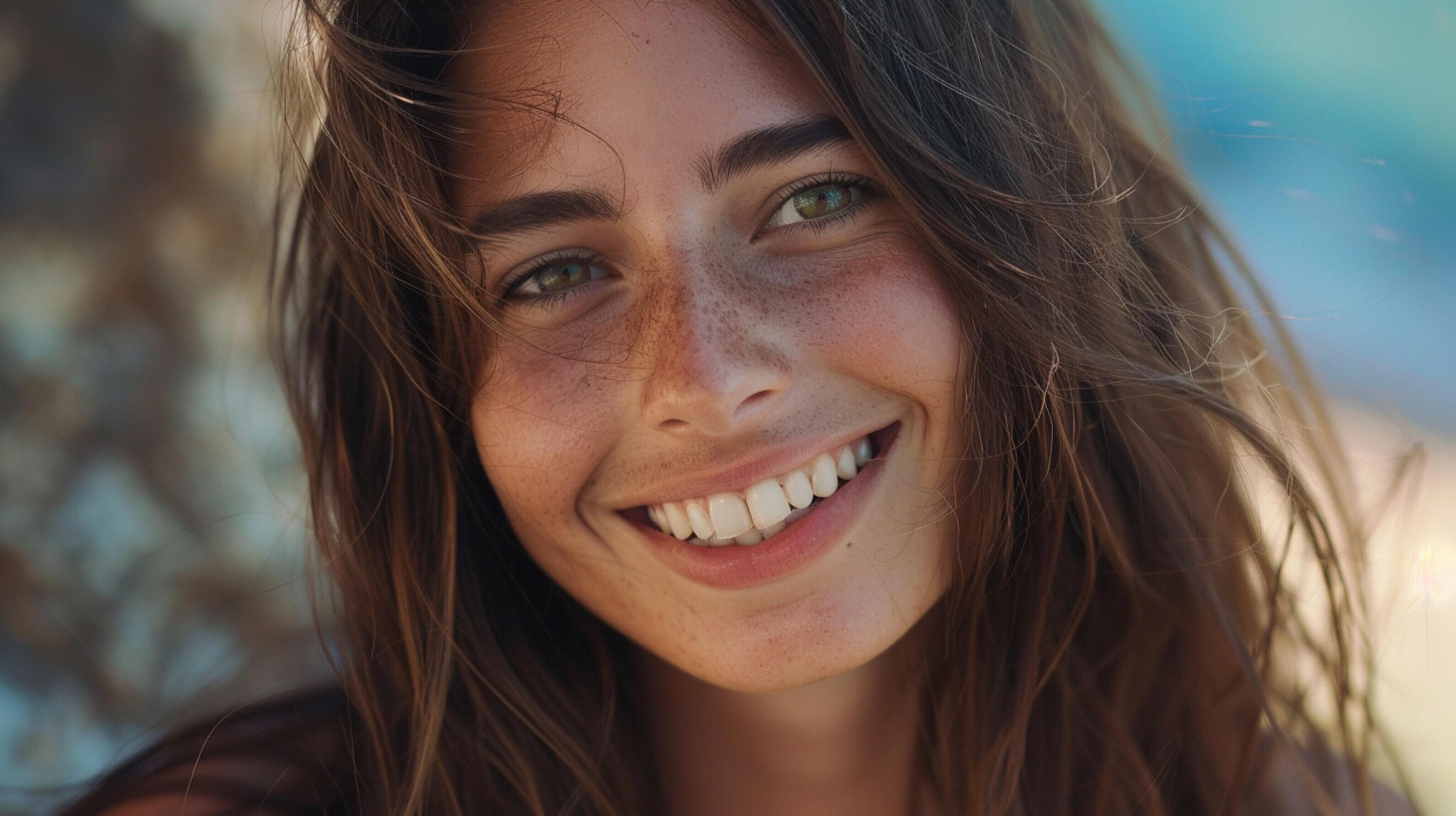 young woman with long brown hair smiling Stock Free