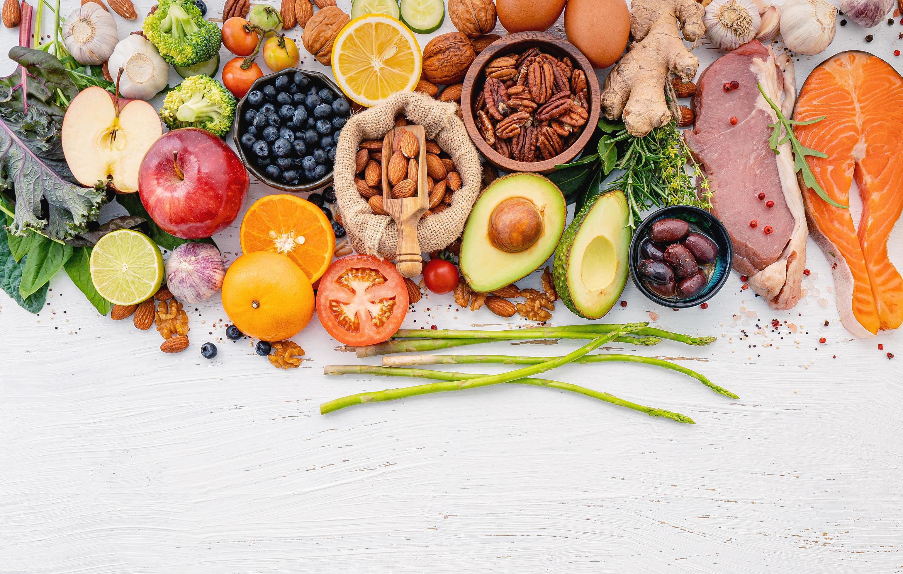 Ingredients for healthy foods selection on white wooden background Stock Free