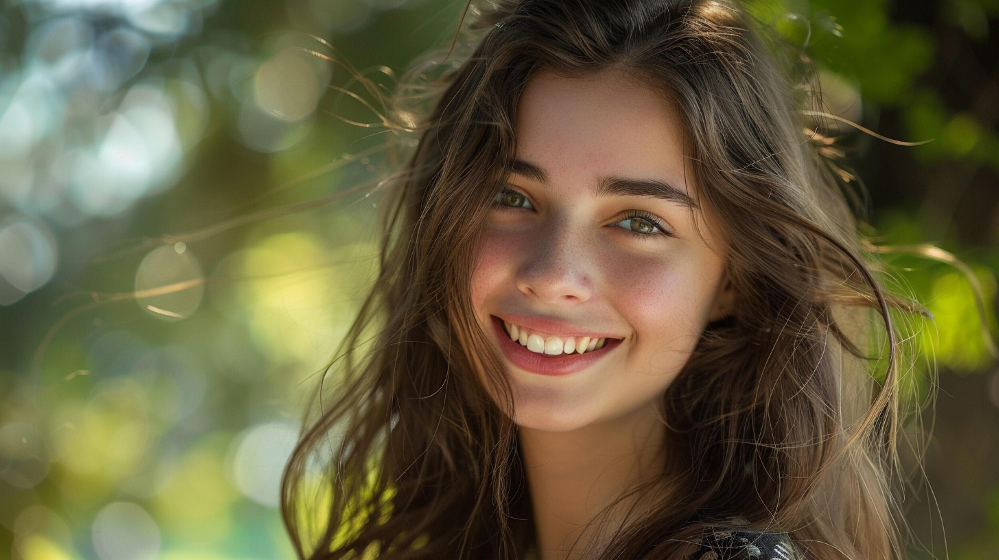 young woman with long brown hair smiling Stock Free