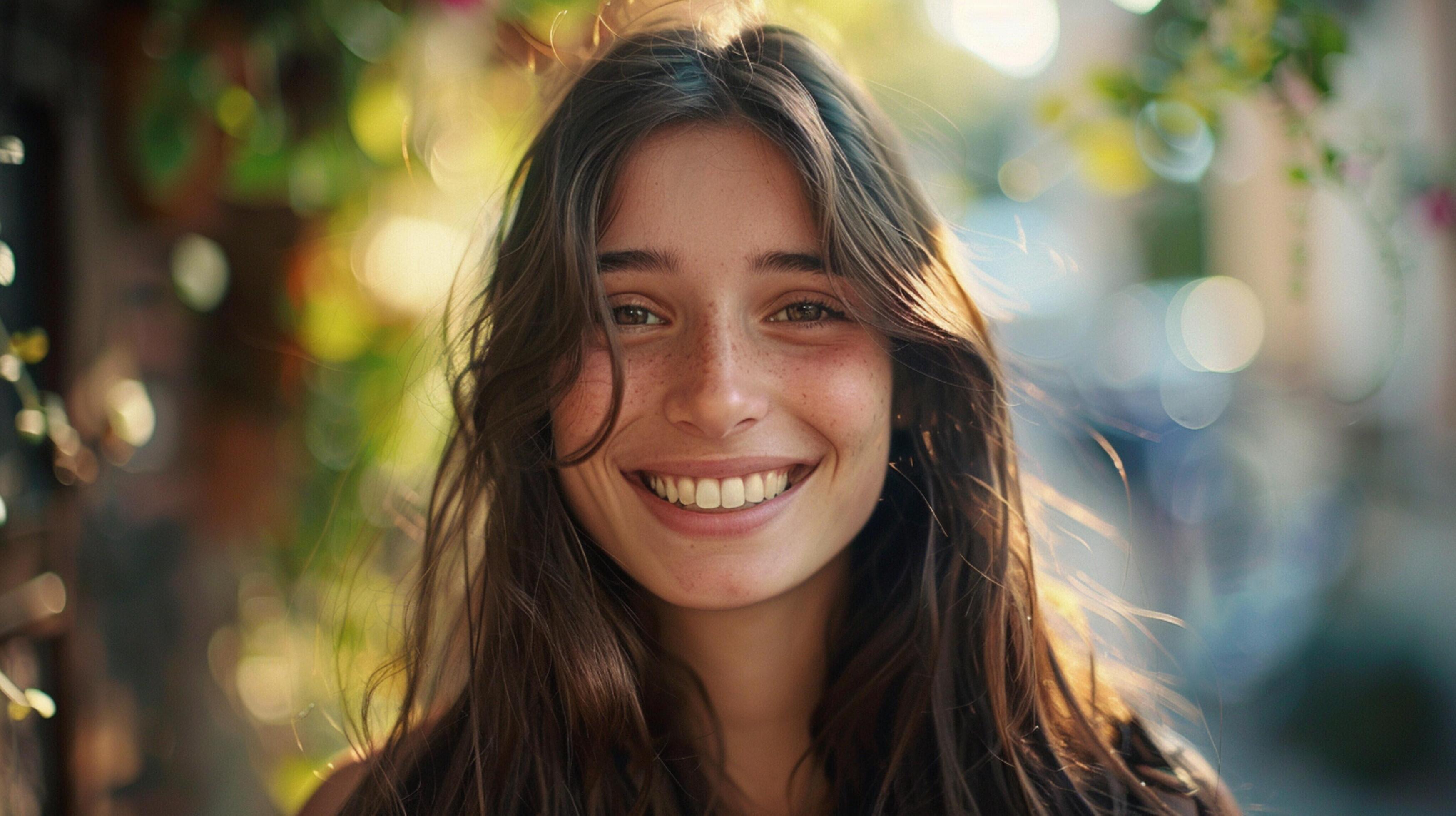 young woman with long brown hair smiling Stock Free