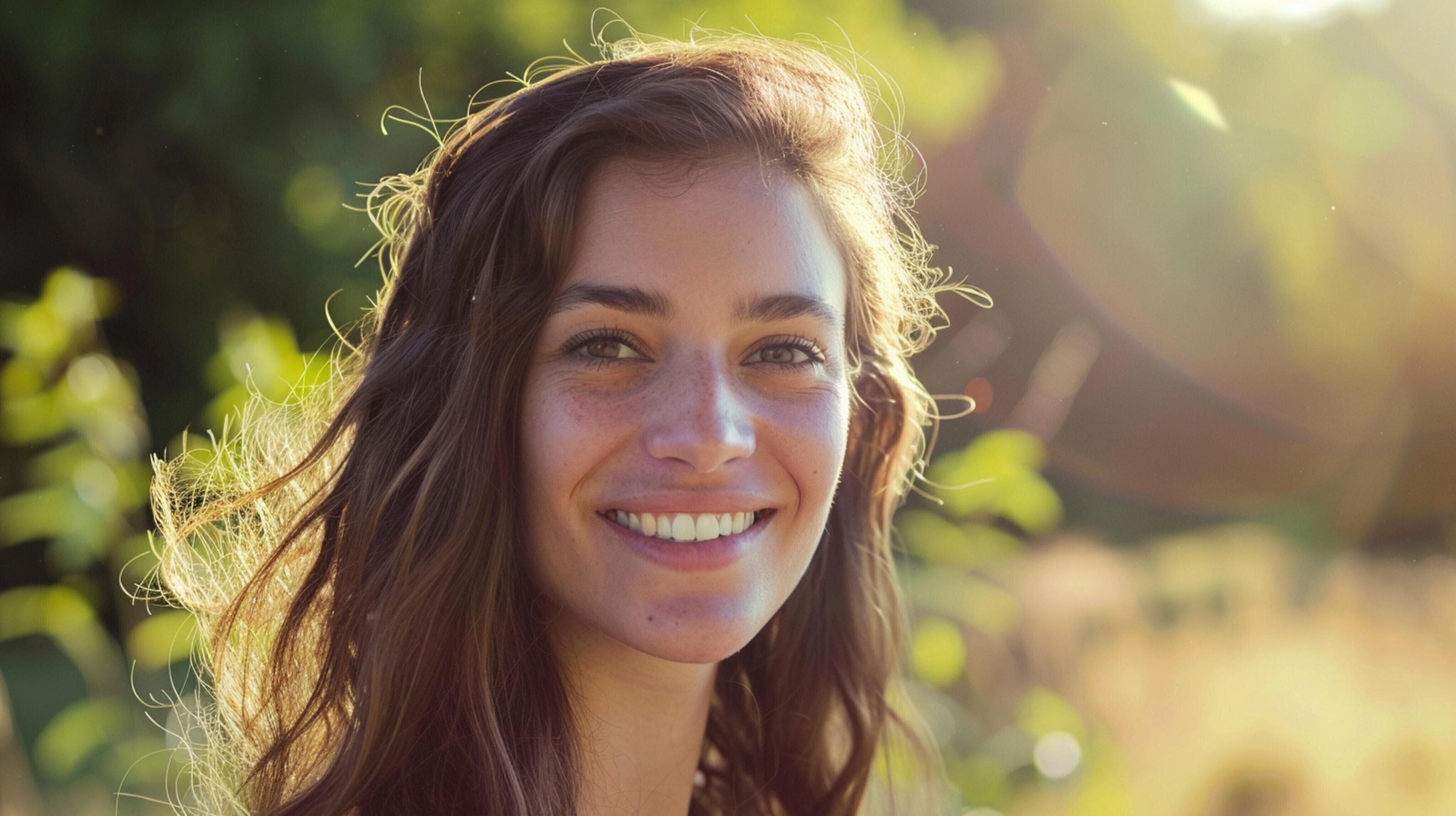 young woman with long brown hair smiling Stock Free