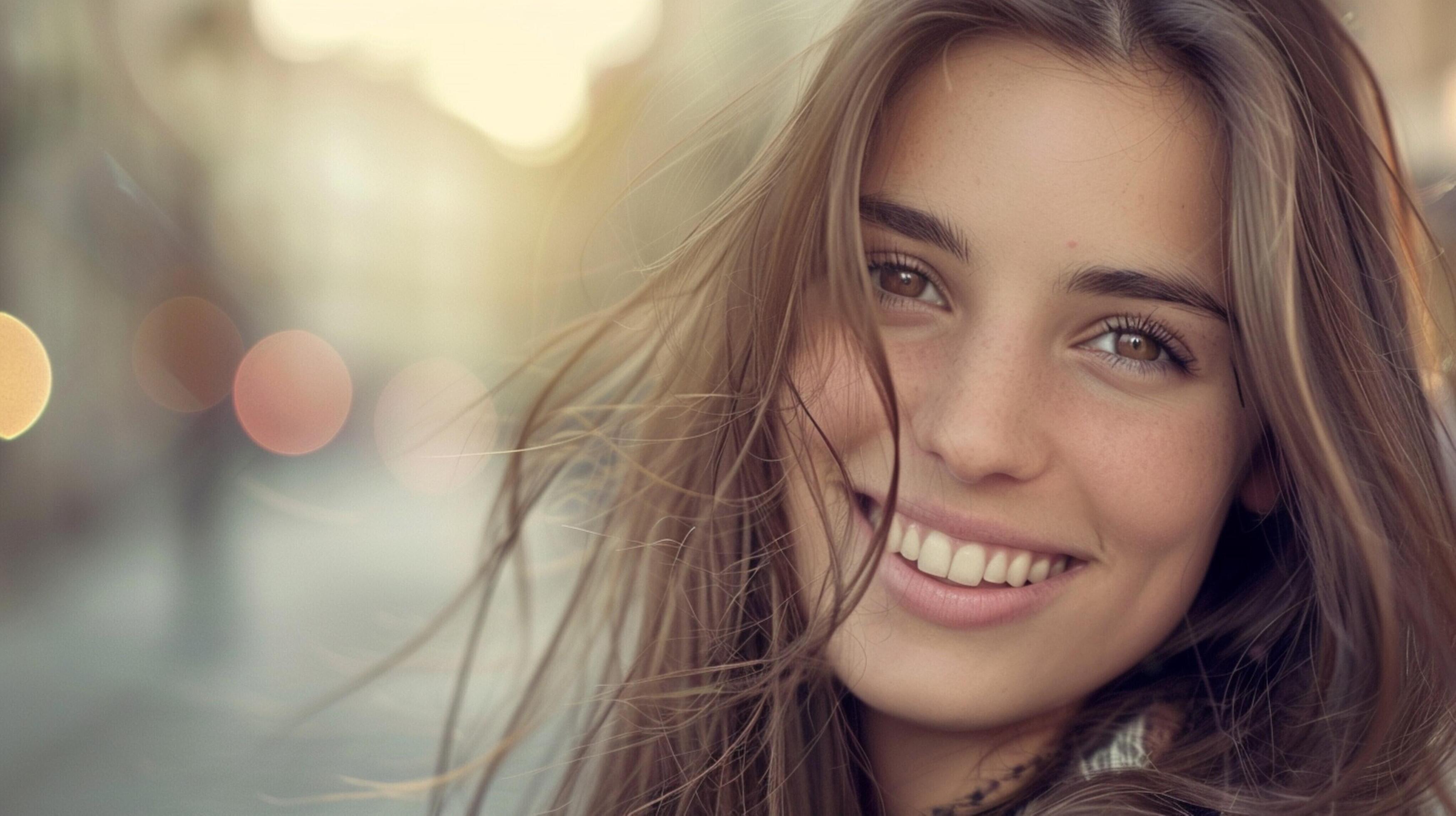 young woman with long brown hair smiling Stock Free