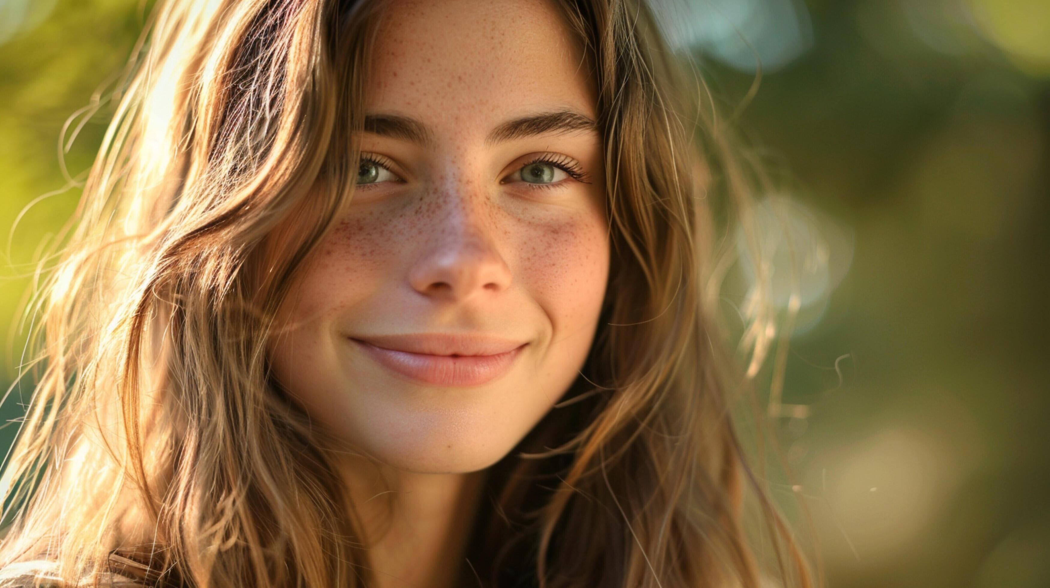 young woman with long brown hair smiling Stock Free