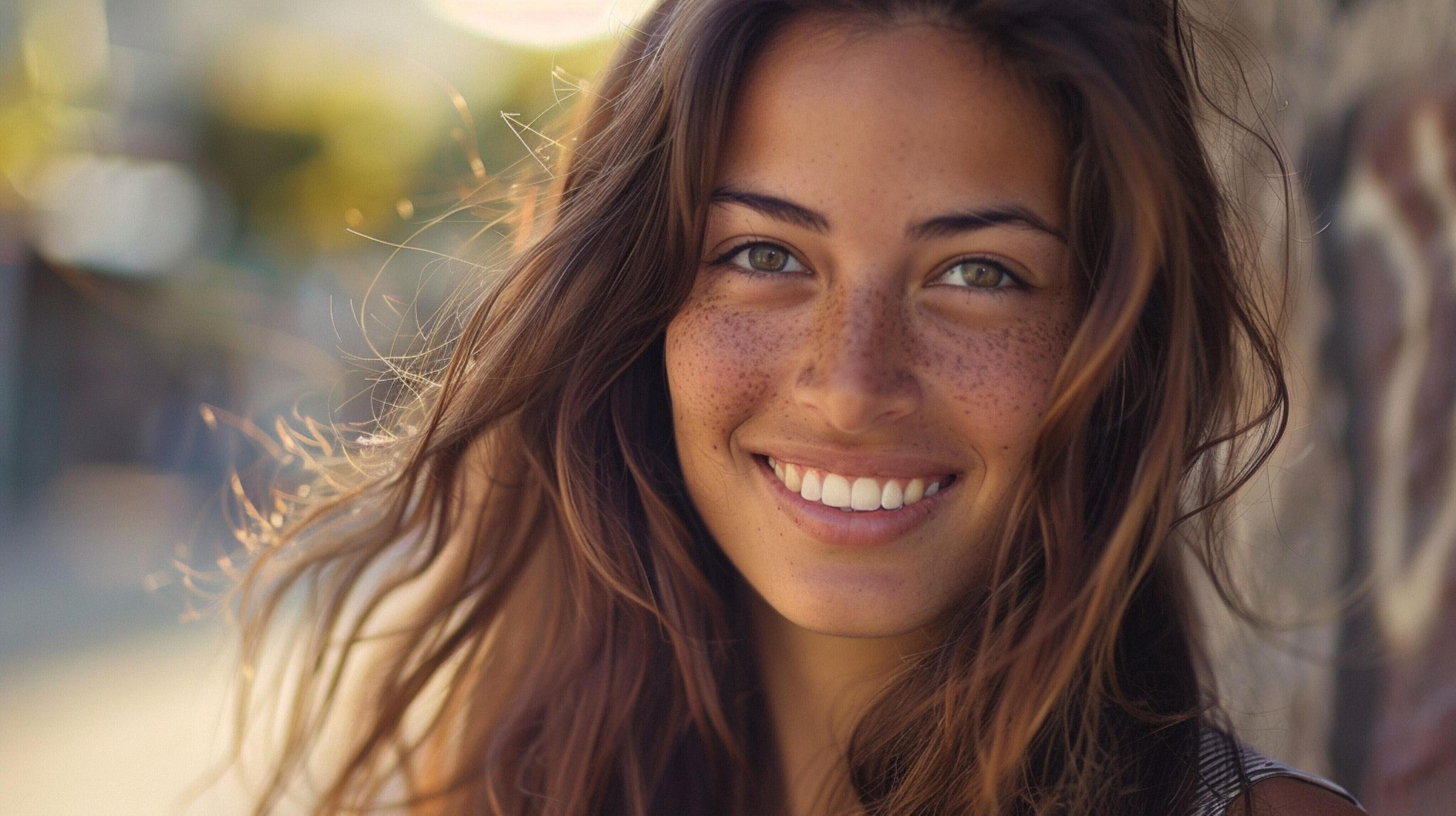 young woman with long brown hair smiling Stock Free