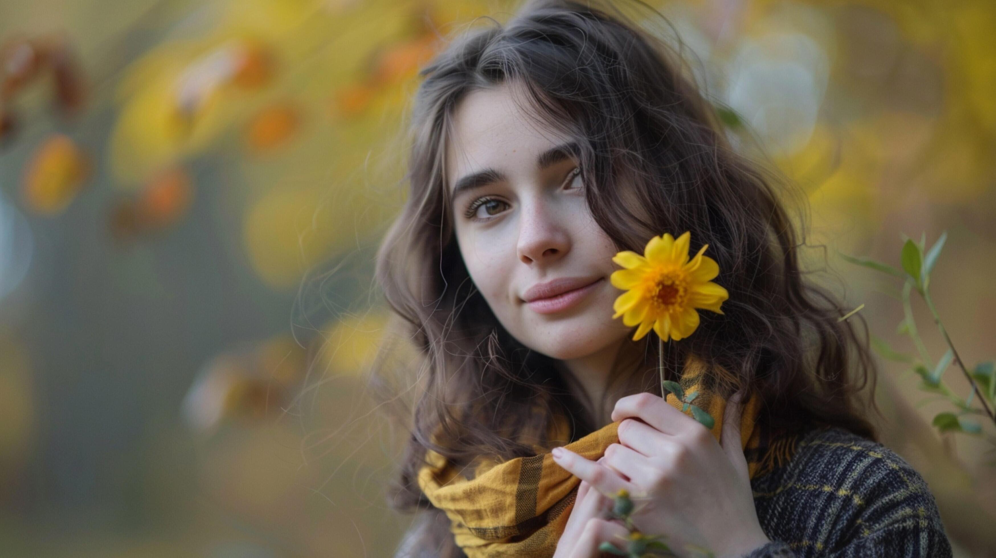 young woman in autumn forest holding yellow flow Stock Free