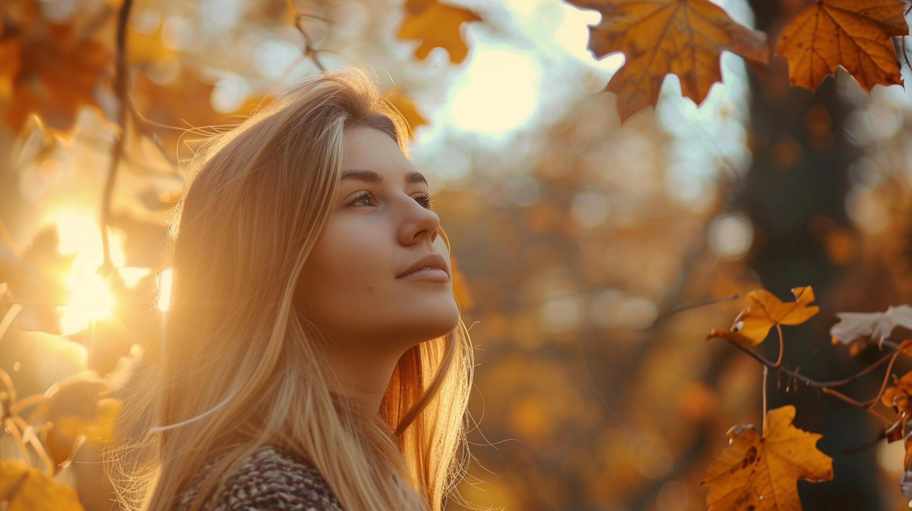 young woman with long blond hair enjoying autumn Stock Free