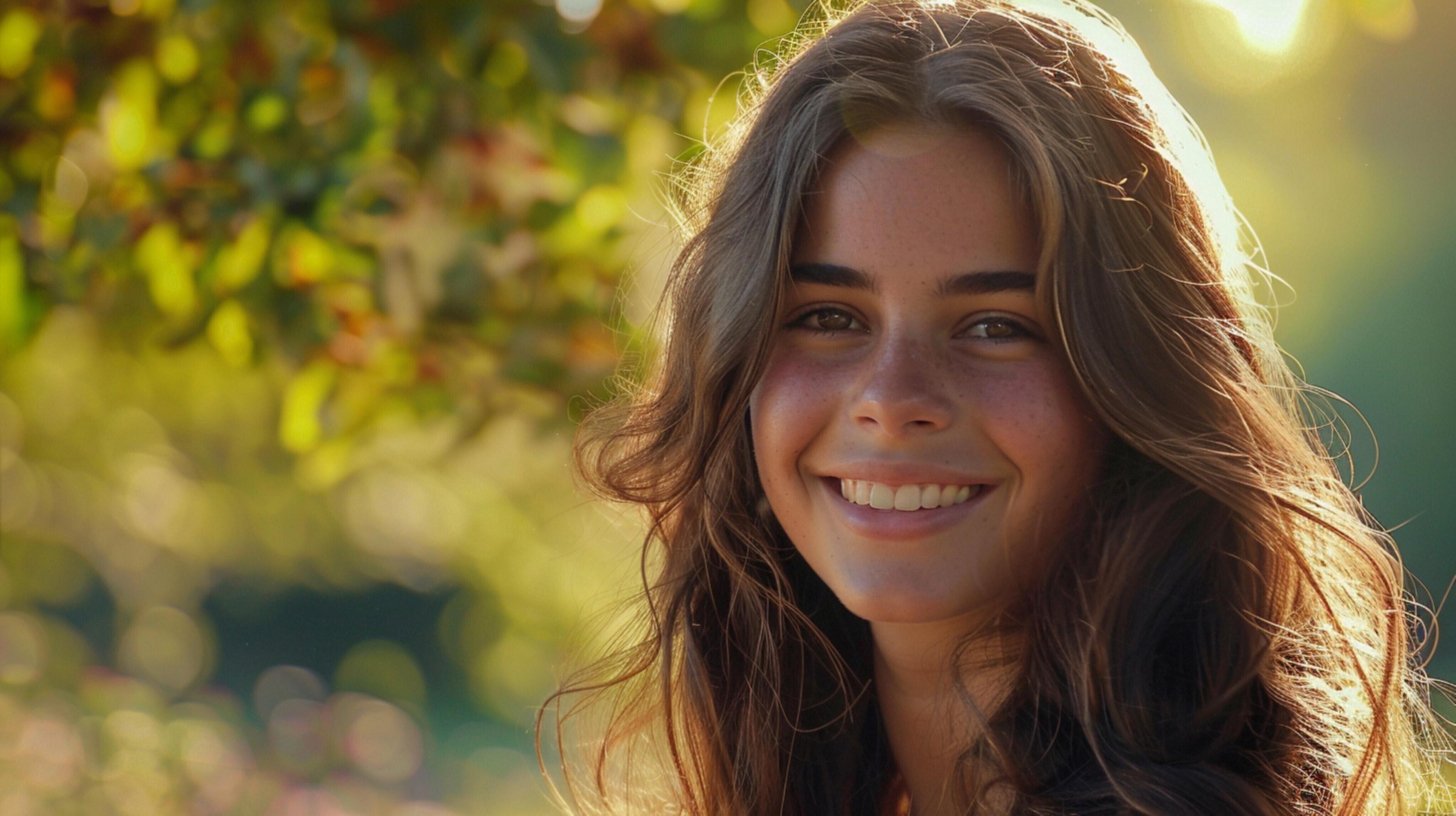 young woman with long brown hair smiling Stock Free