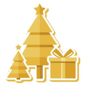 Sticker. Clipart set of golden christmas tree and gift box on transparent background. Free Vector