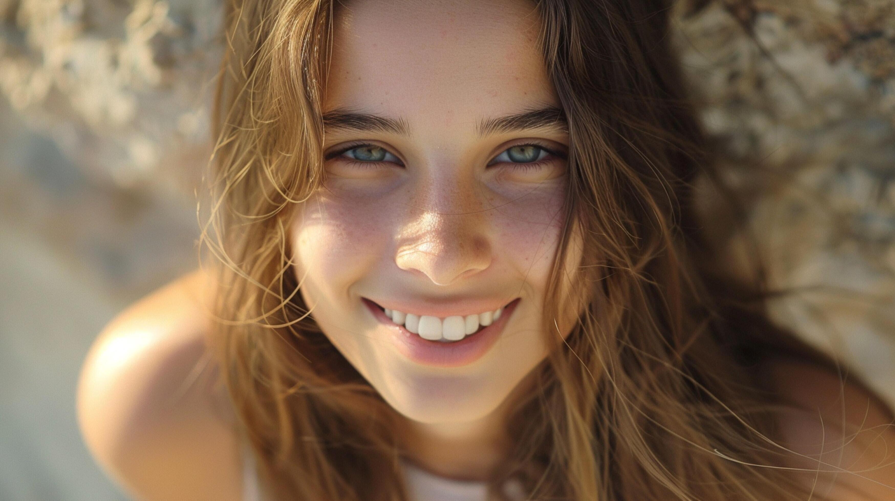 young woman with long brown hair smiling Stock Free