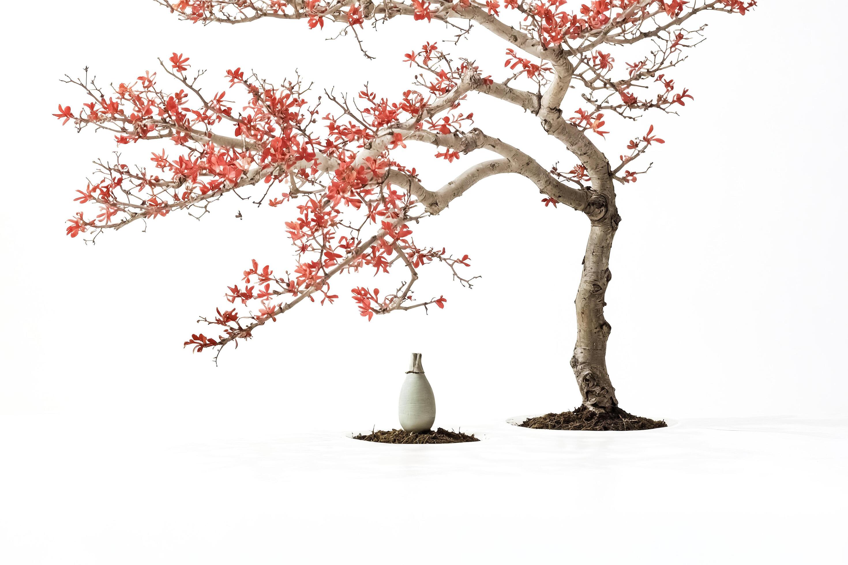 
									Bonsai tree with red leaves and a vase on a white background Stock Free