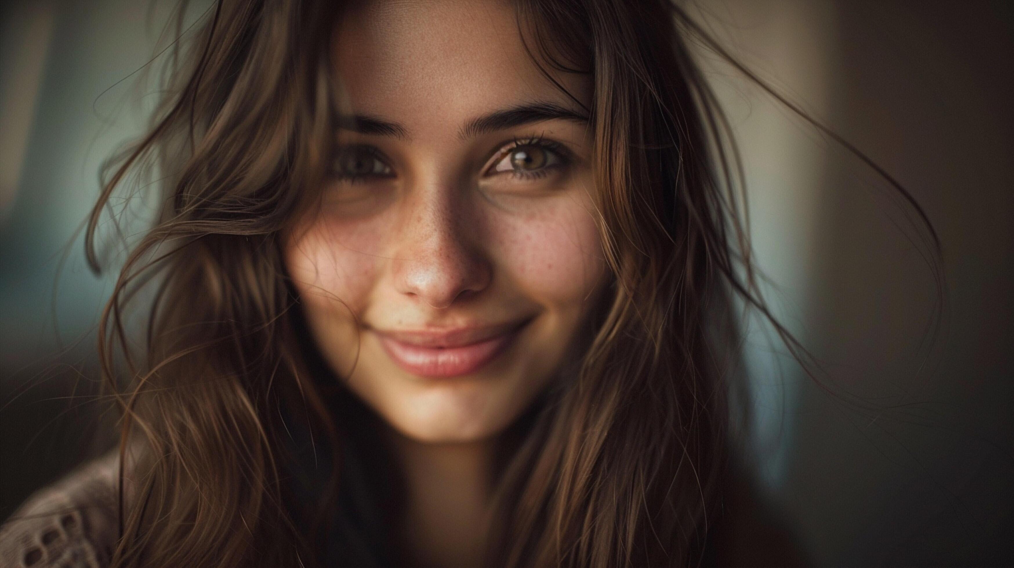 young woman with long brown hair smiling Stock Free